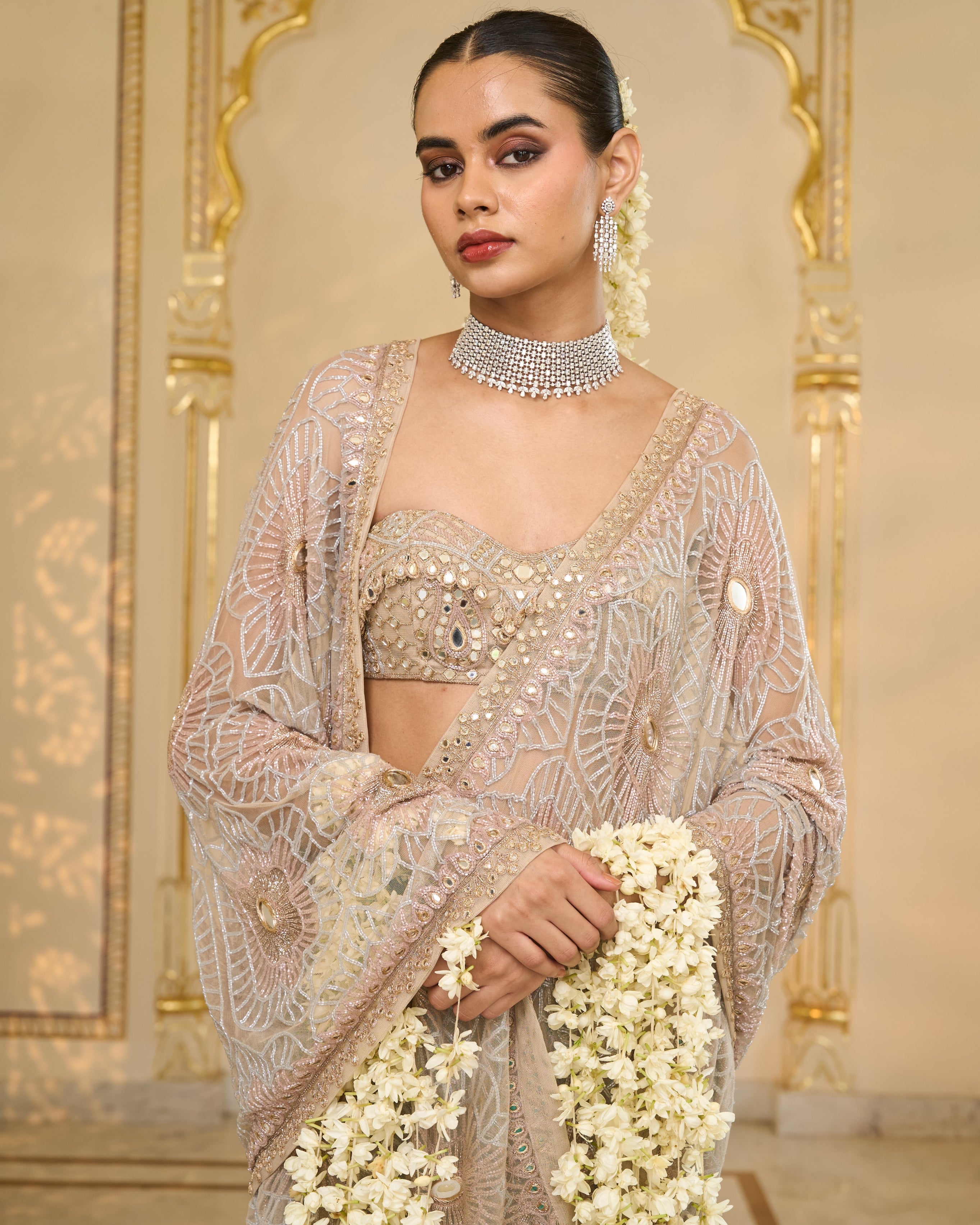 Rose Gold Tissue Godet Hand Embroidered Sari Set