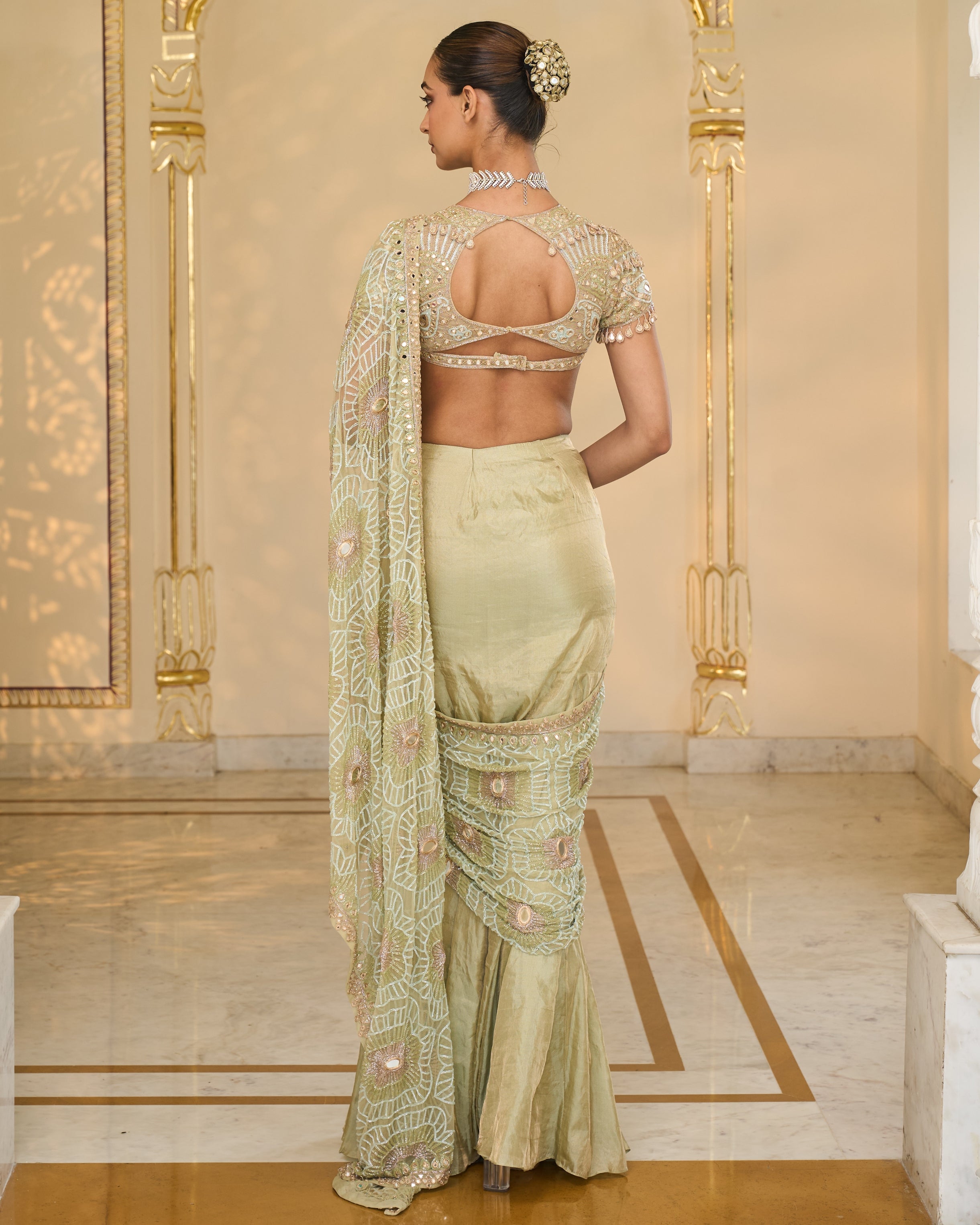 Sea Green Tissue Godet Hand Embroidered Sari Set