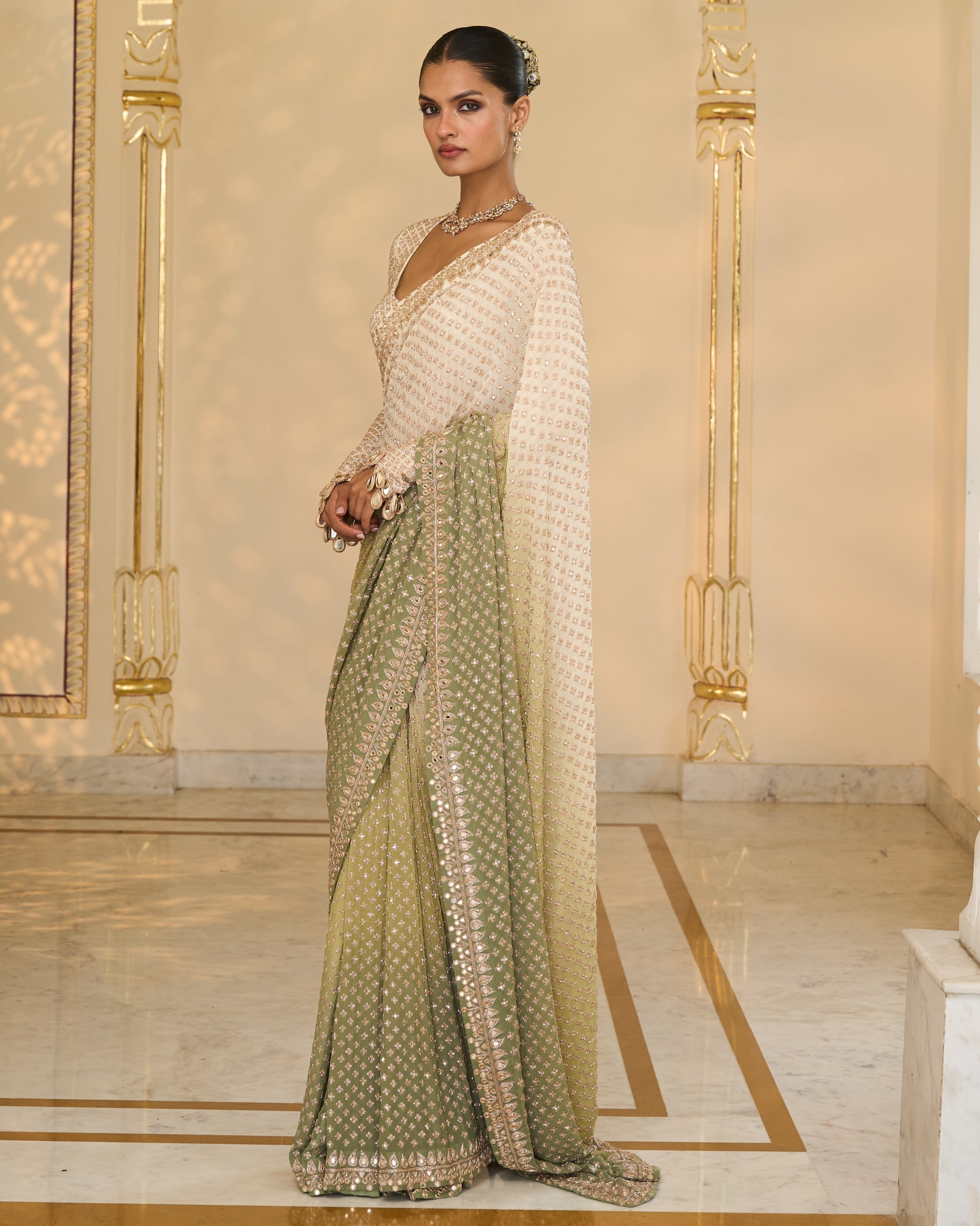 Green Shaded Hand
 Embroidered Star Sari Set
