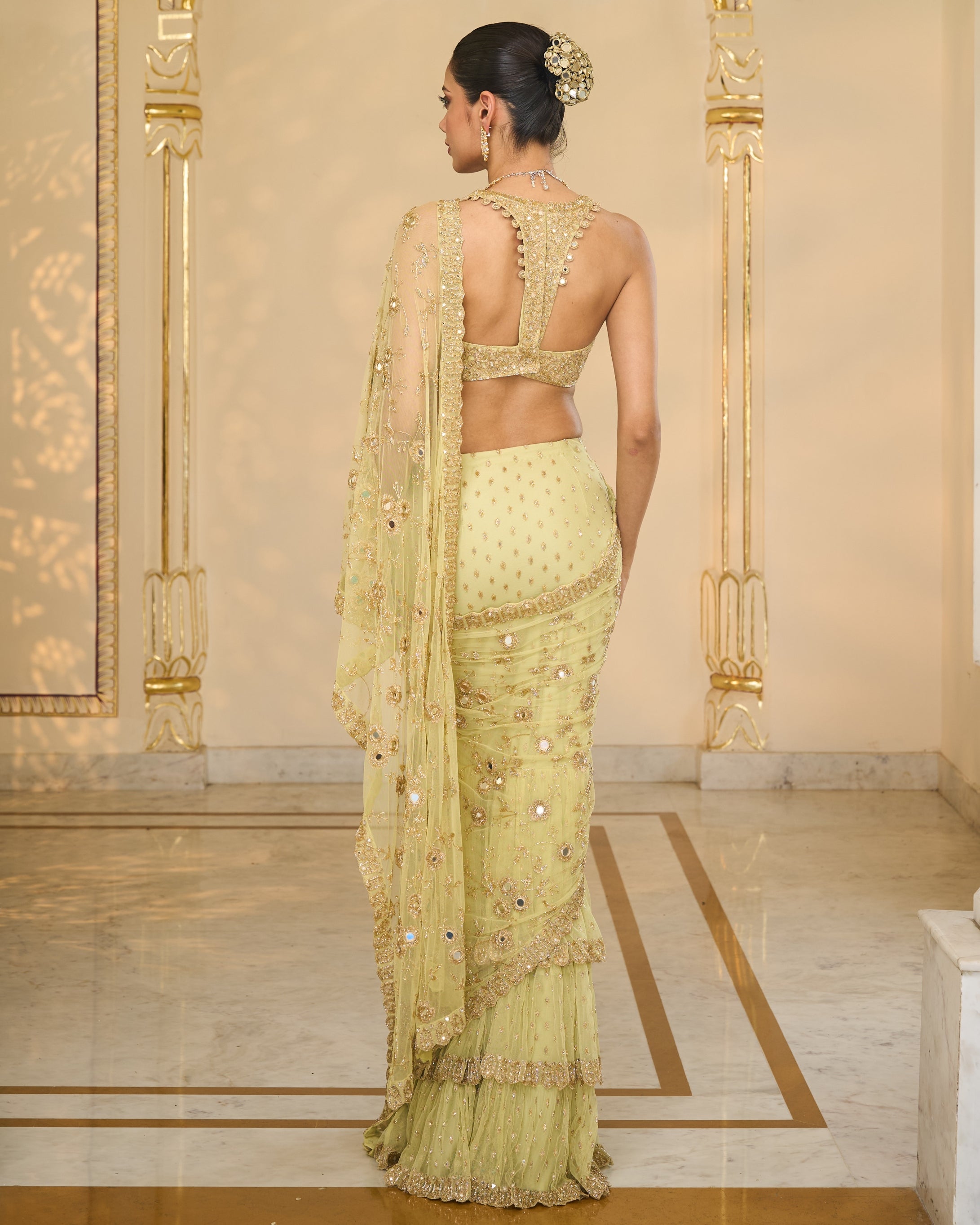 Mint Green Net Hand Embroiered Jaal Ruffle Sari Set