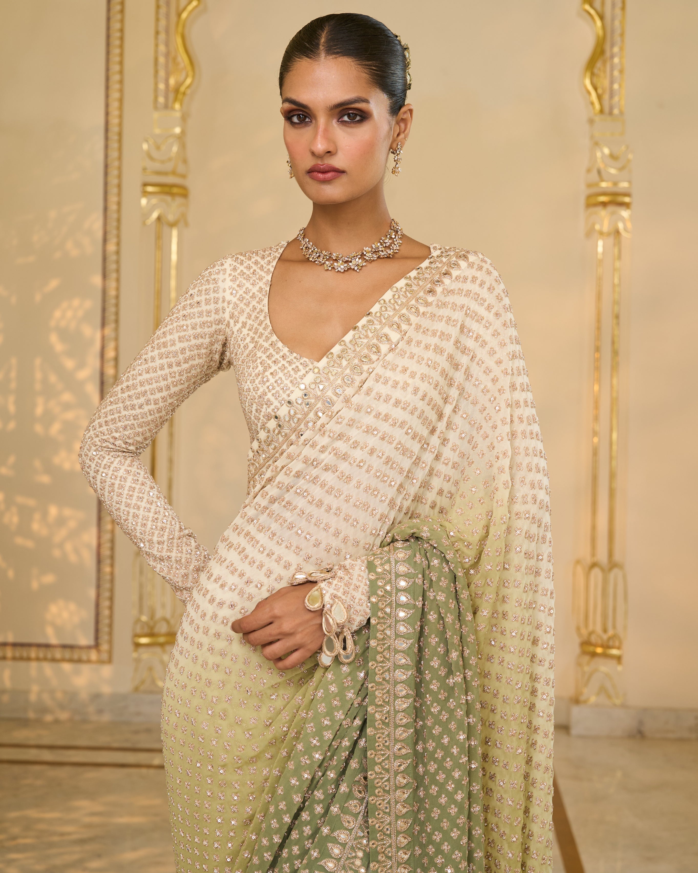 Green Shaded Hand
 Embroidered Star Sari Set
