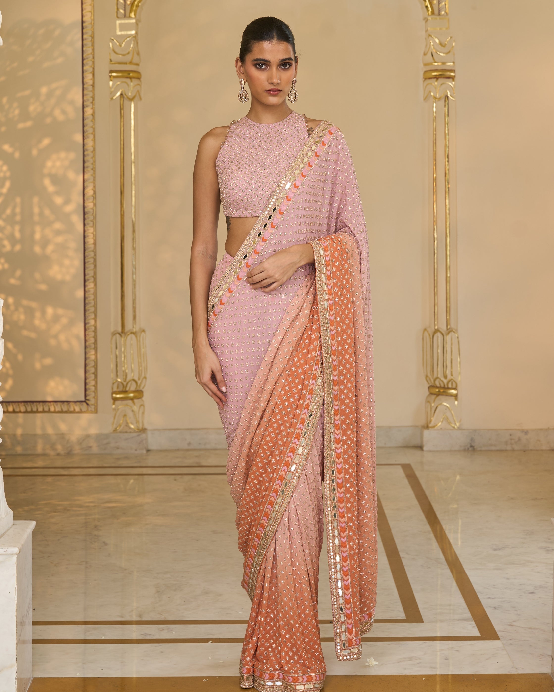 Mauve Shaded Hand
 Embroidered Star Sari Set