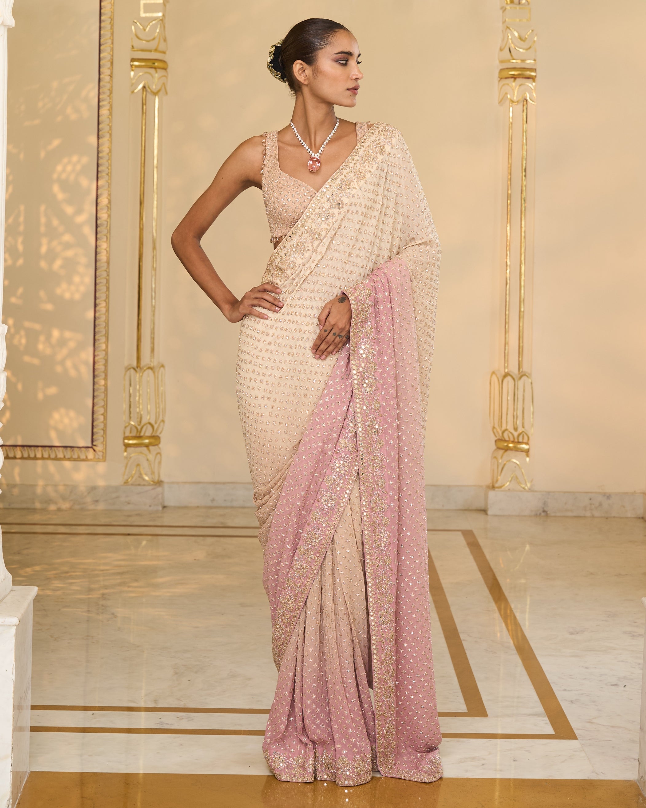 Pink Shaded Hand
 Embroidered Star Sari Set