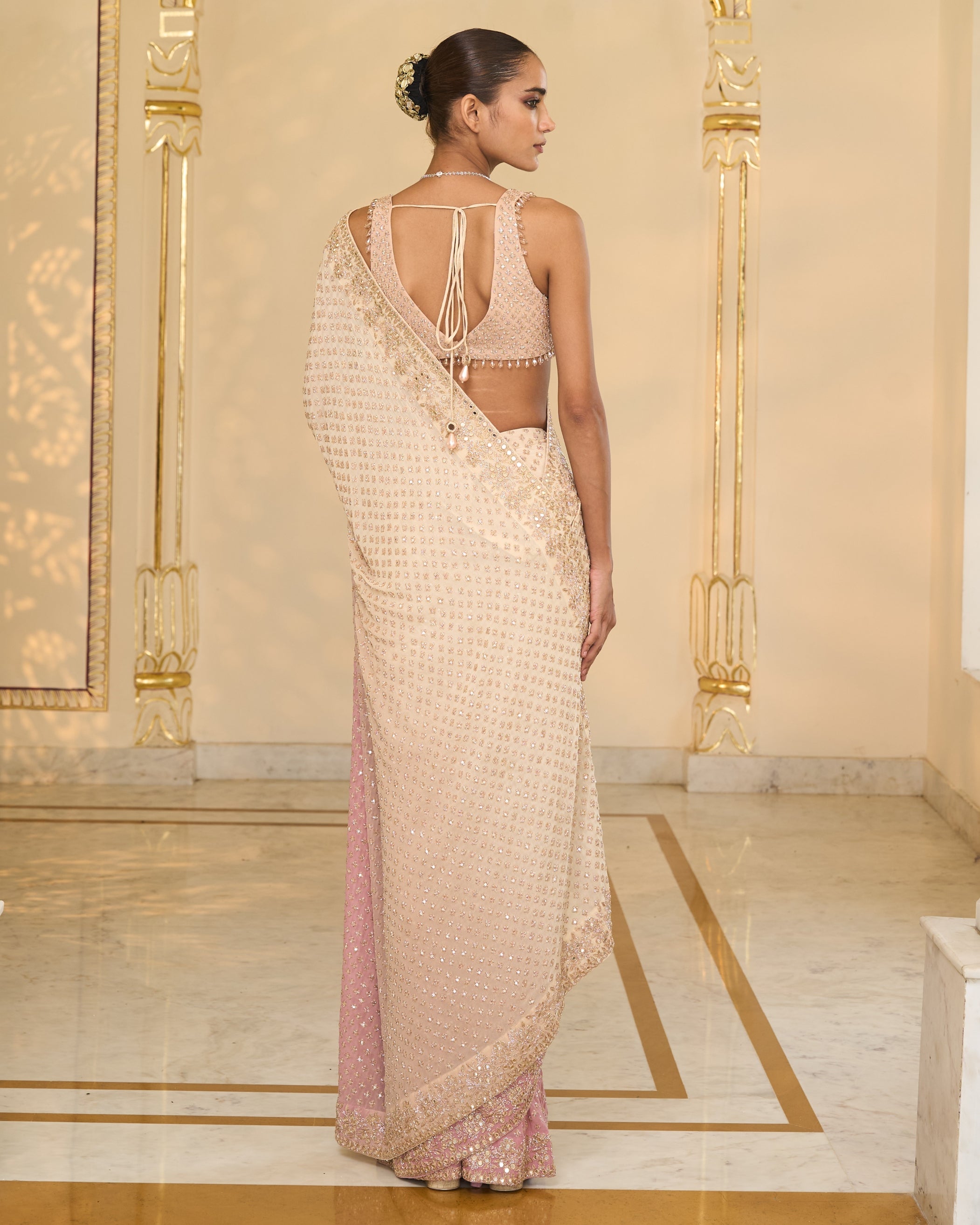 Pink Shaded Hand
 Embroidered Star Sari Set