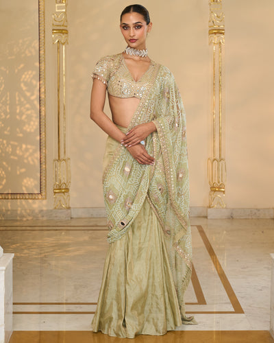 Sea Green Tissue Godet Hand Embroidered Sari Set