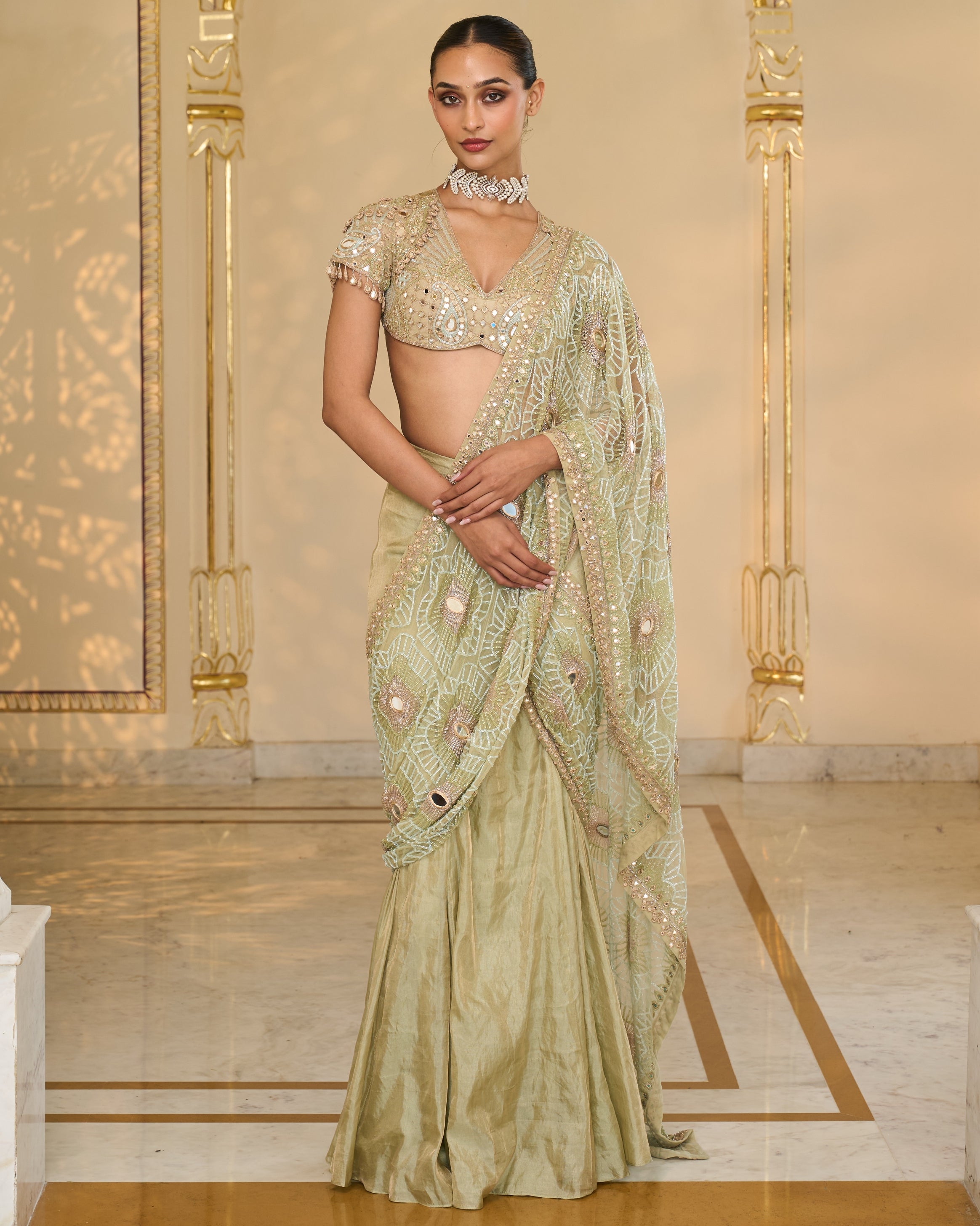 Sea Green Tissue Godet Hand Embroidered Sari Set