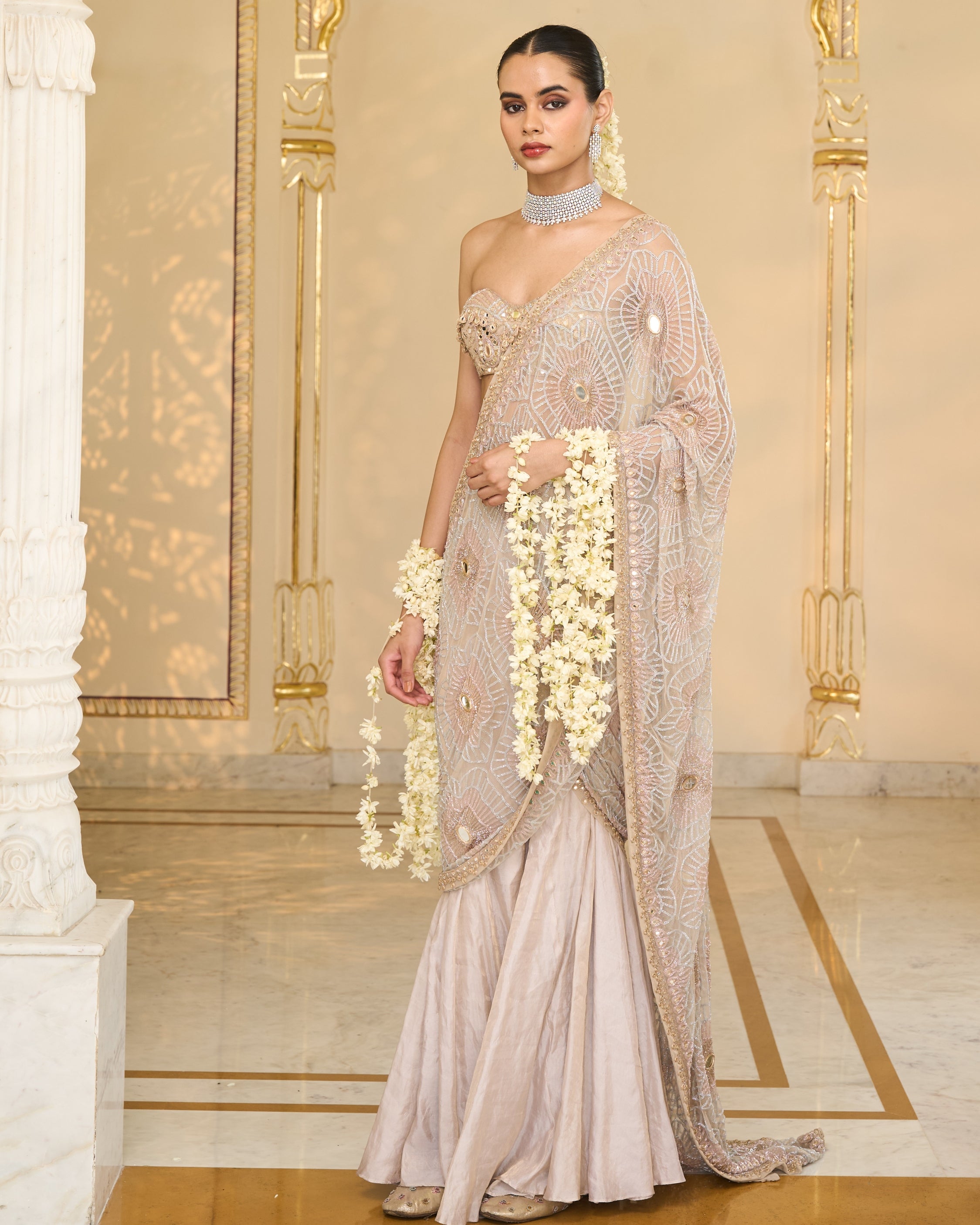 Rose Gold Tissue Godet Hand Embroidered Sari Set