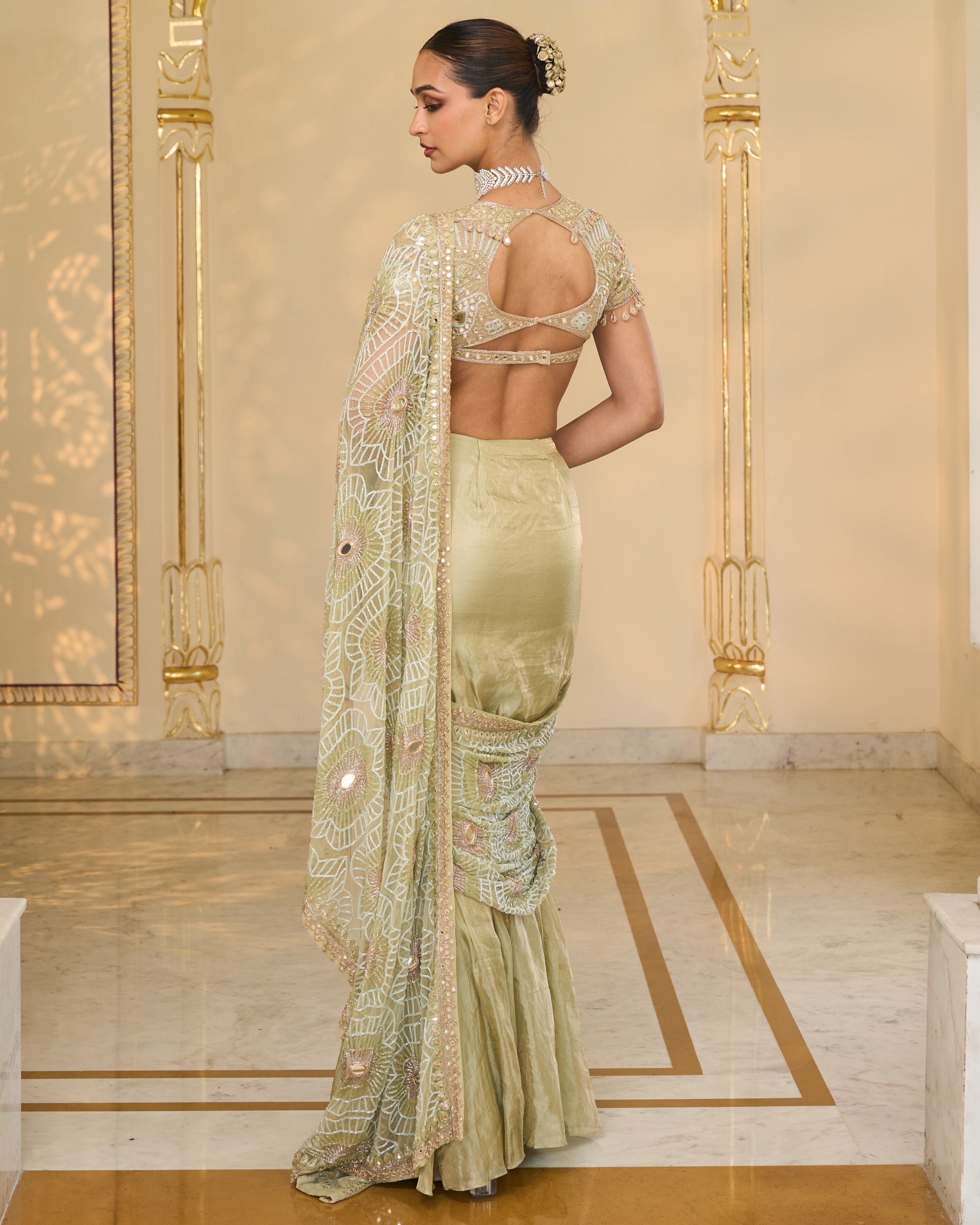 Sea Green Tissue Godet Hand Embroidered Sari Set