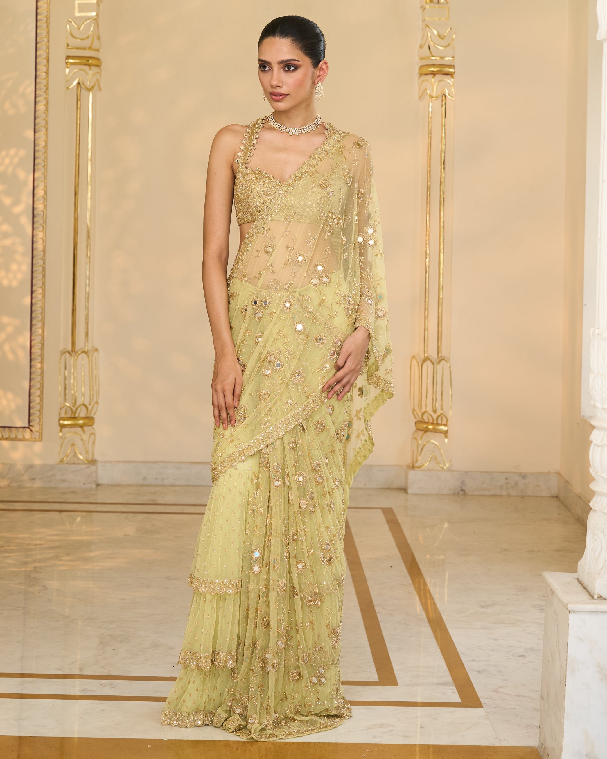 Mint Green Net Hand Embroiered Jaal Ruffle Sari Set