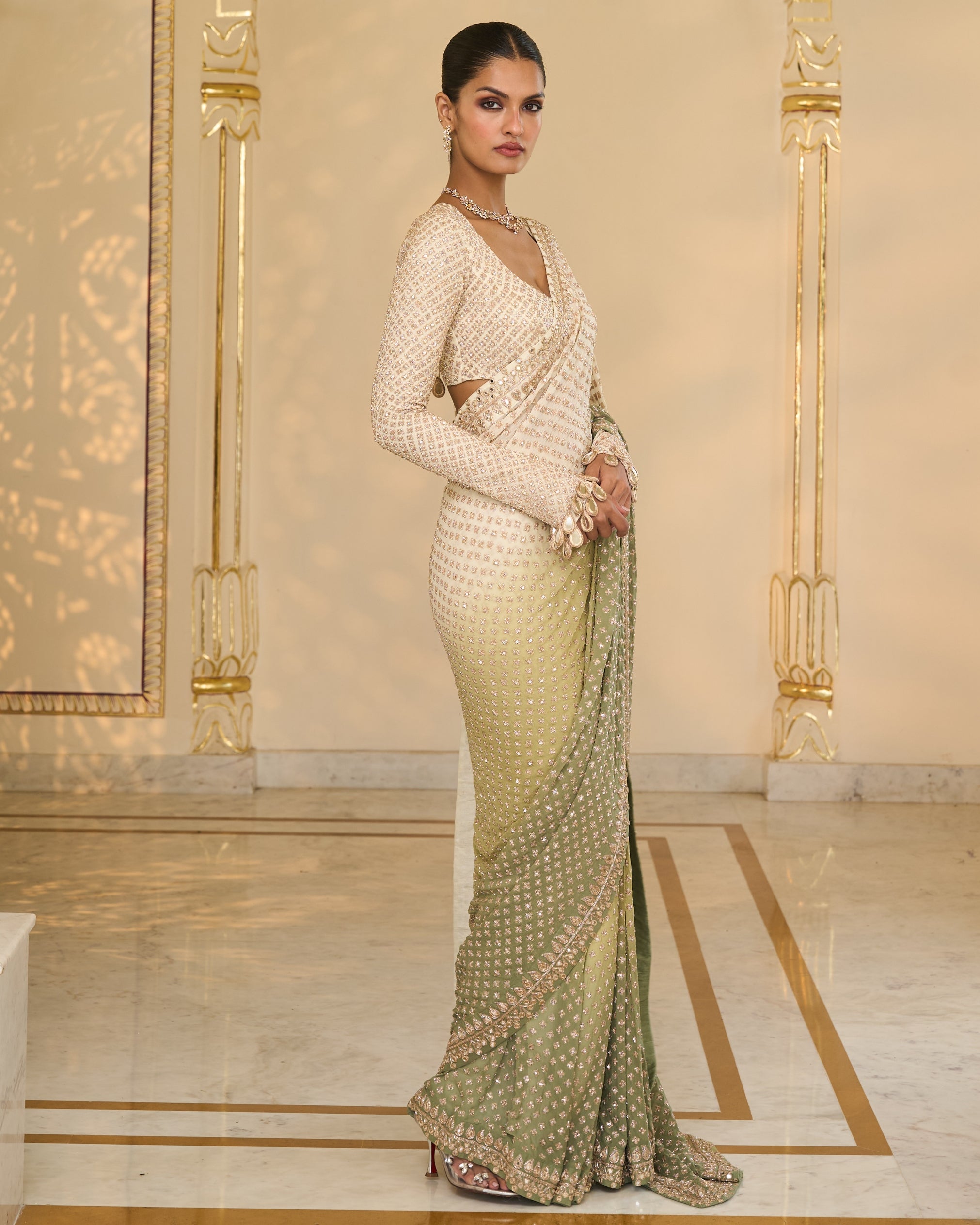 Green Shaded Hand
 Embroidered Star Sari Set