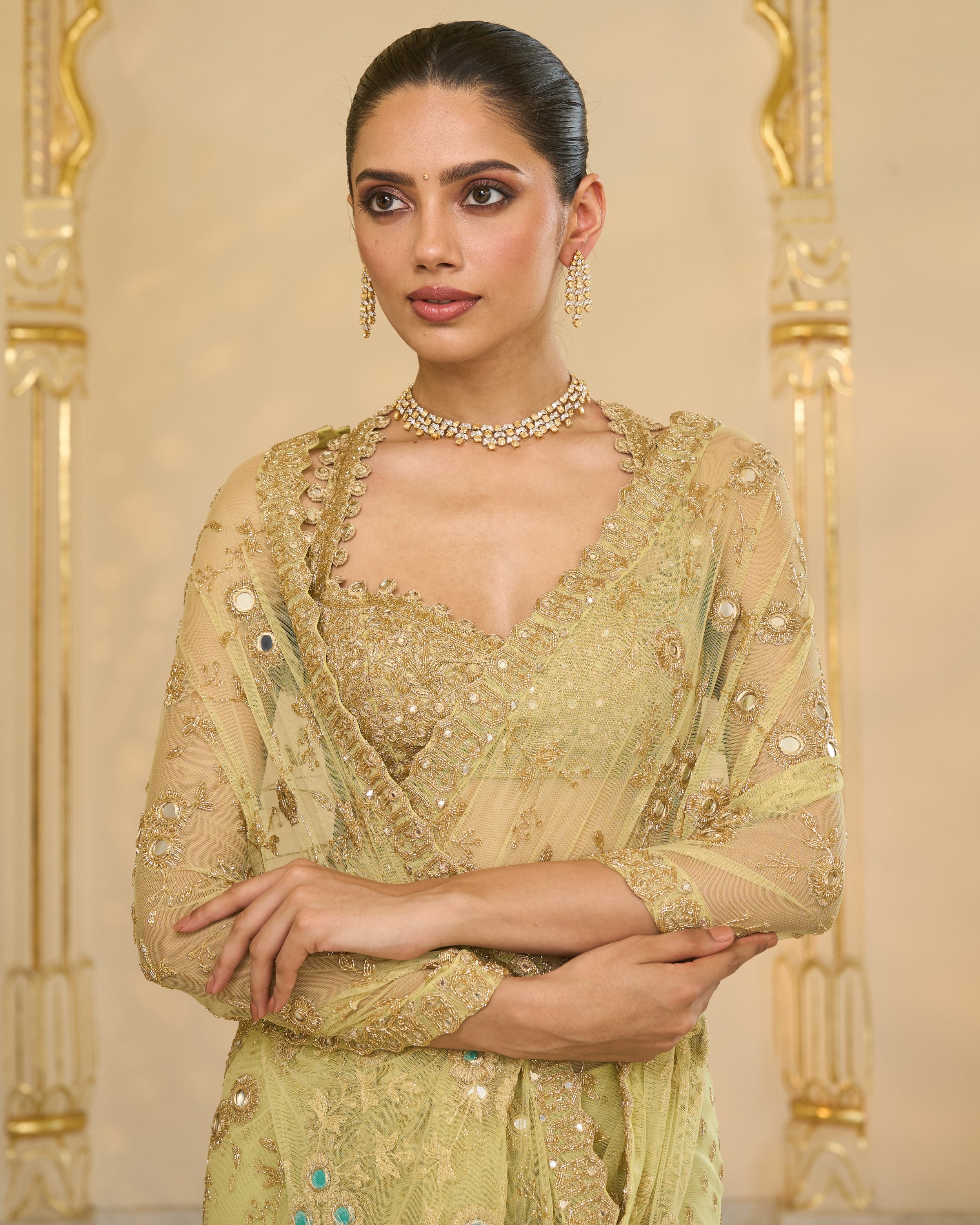 Mint Green Net Hand Embroiered Jaal Ruffle Sari Set