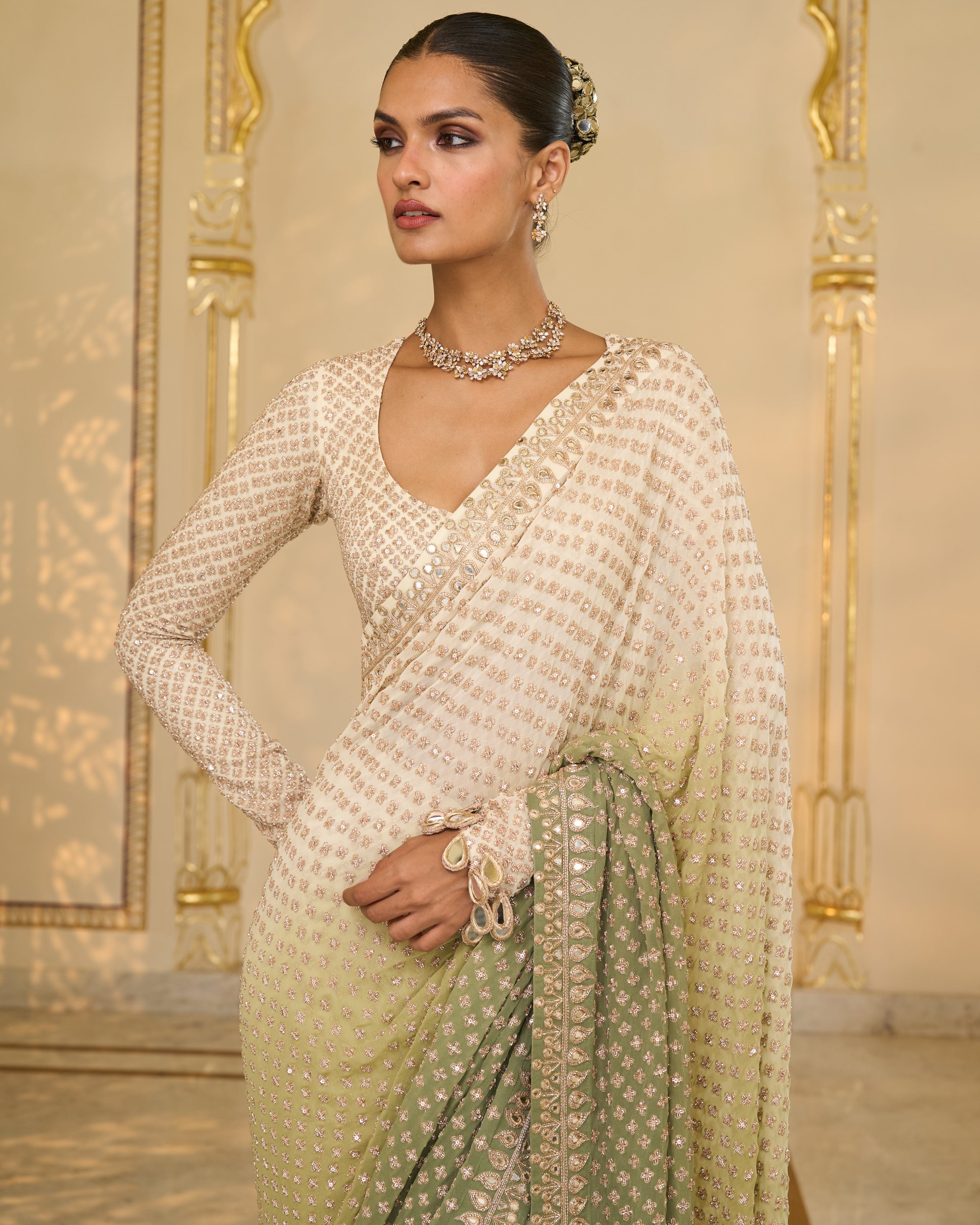 Green Shaded Hand
 Embroidered Star Sari Set