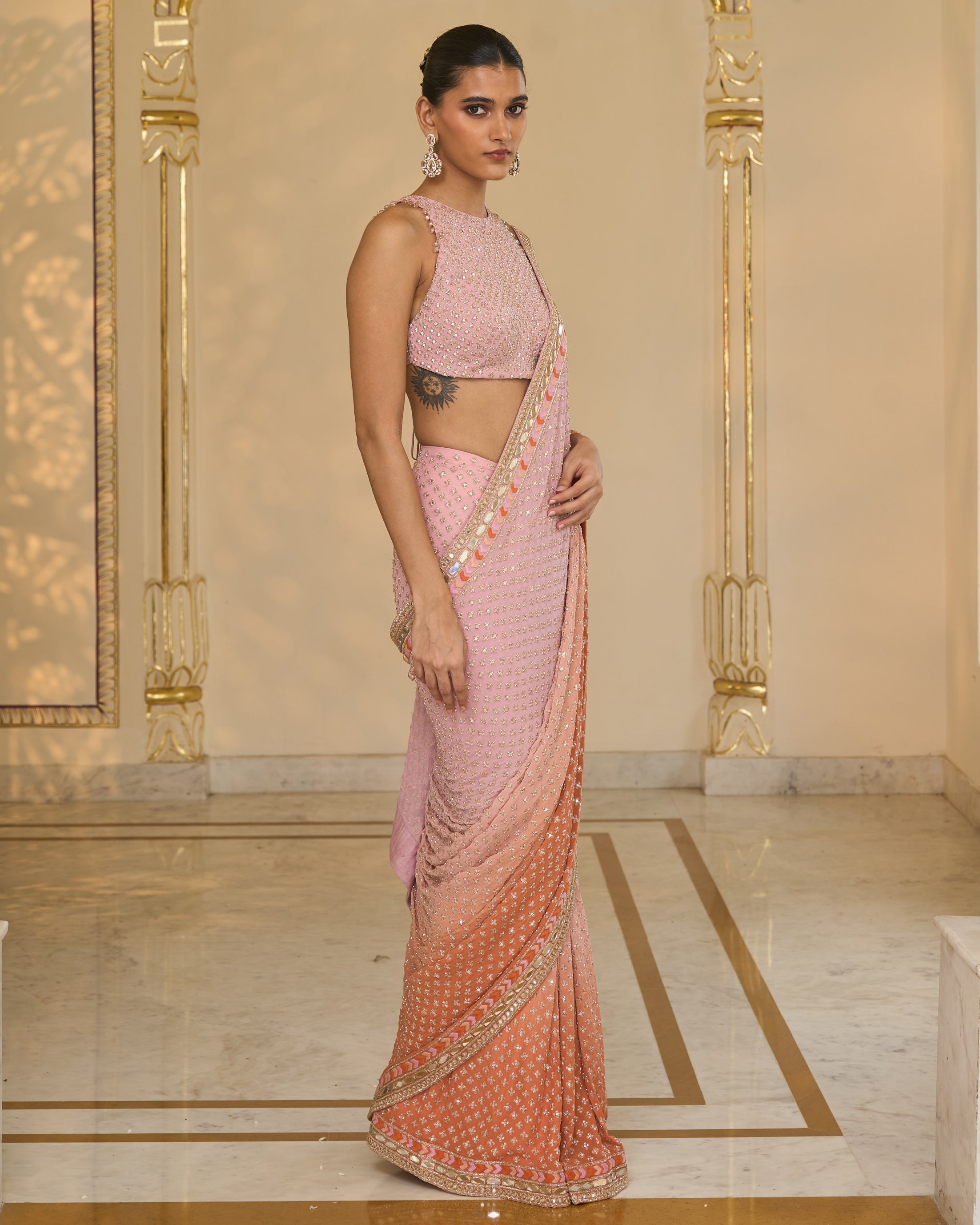 Mauve Shaded Hand
 Embroidered Star Sari Set