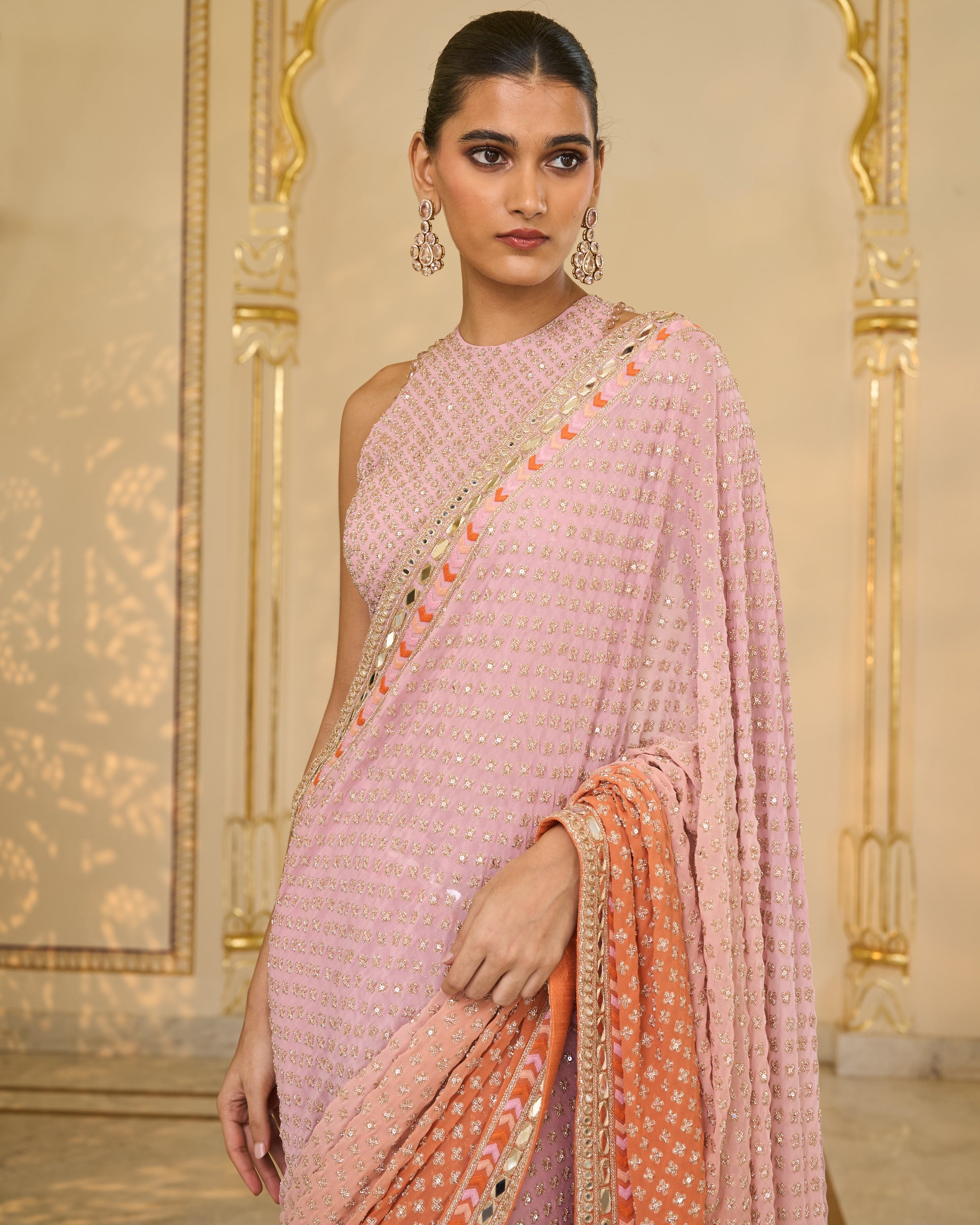 Mauve Shaded Hand
 Embroidered Star Sari Set