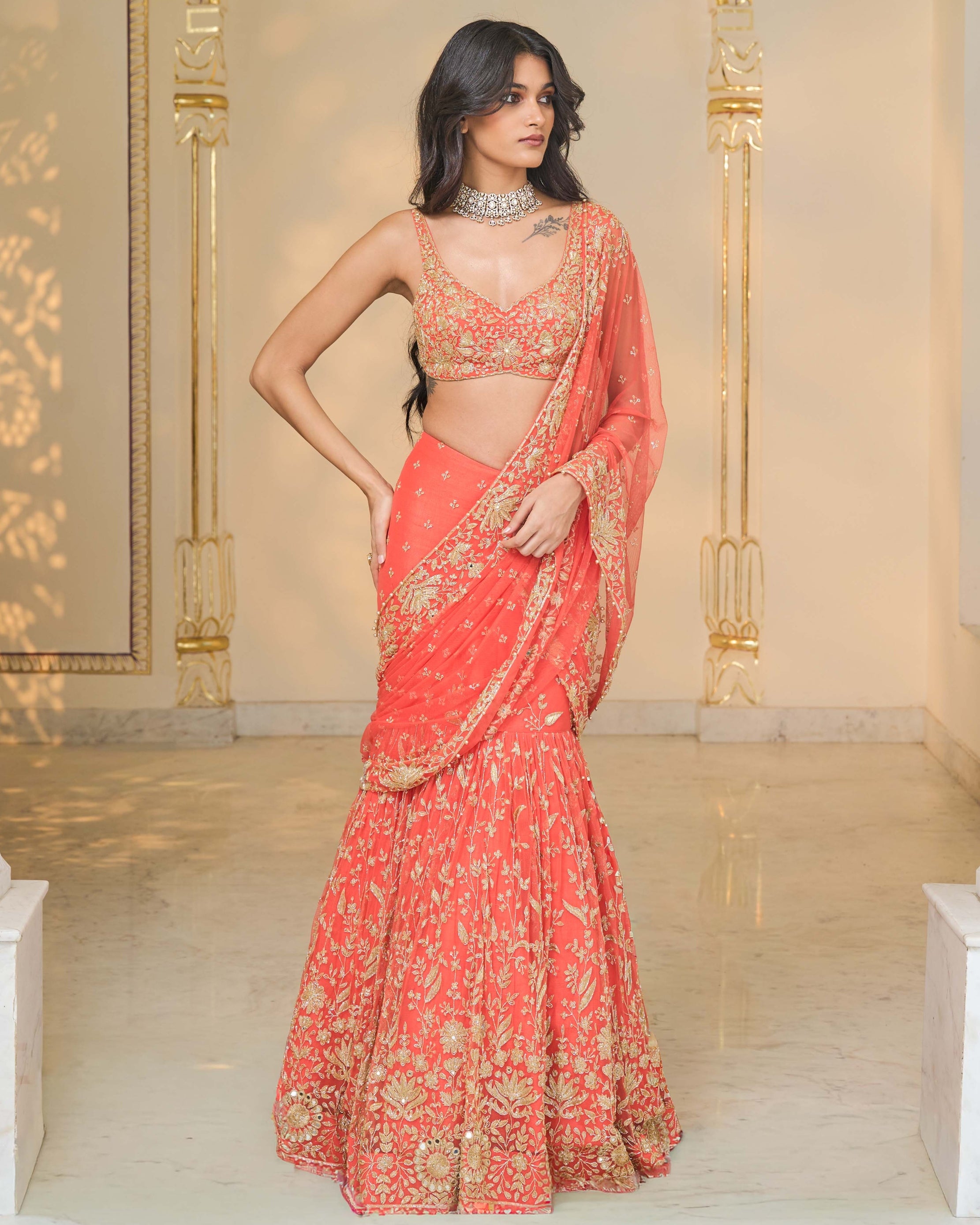 Warm Coral Hip Hug Sari Set