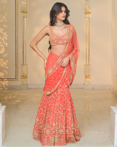 Warm Coral Hip Hug Sari Set