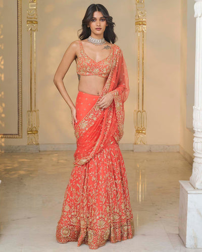 Warm Coral Hip Hug Sari Set