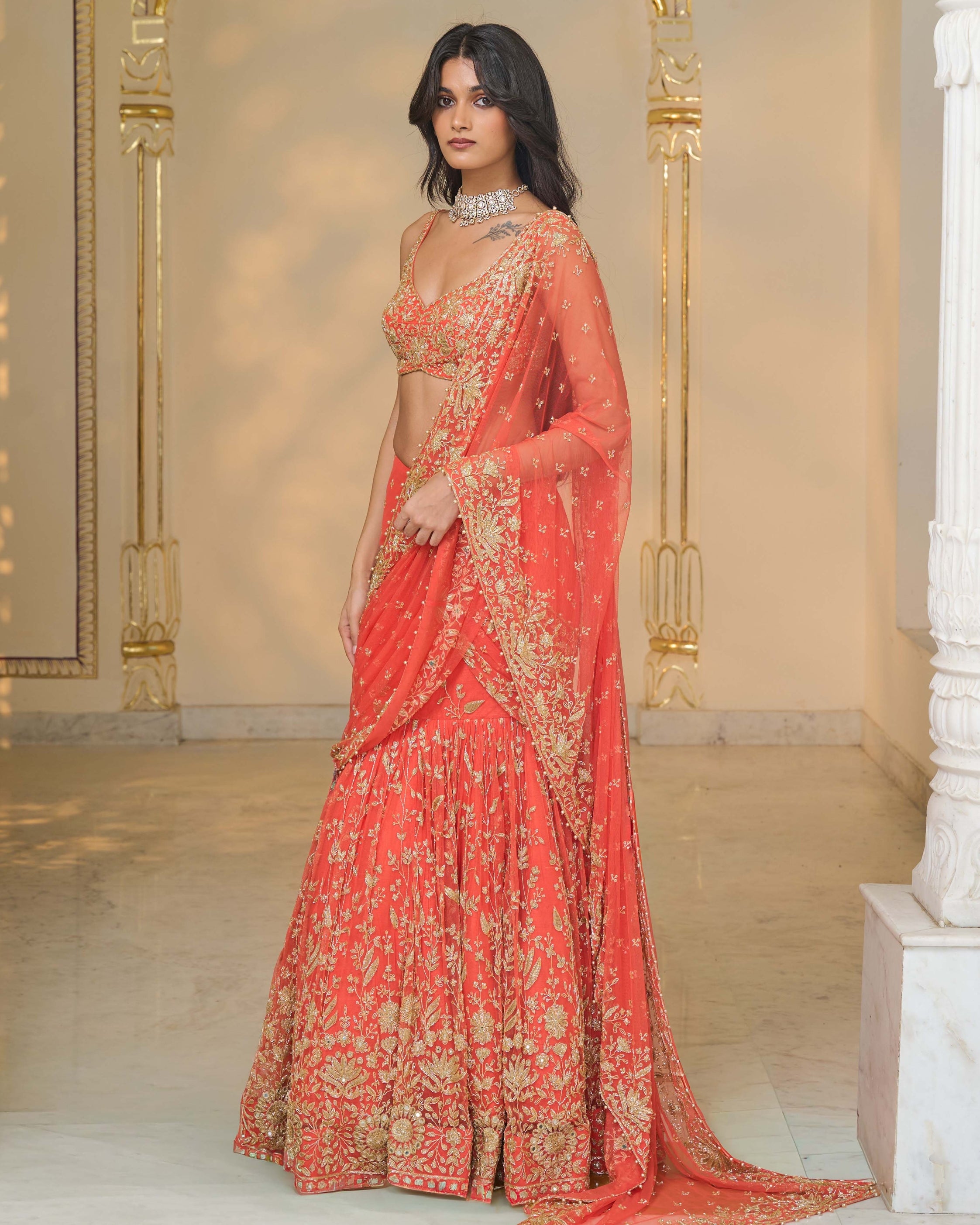 Warm Coral Hip Hug Sari Set