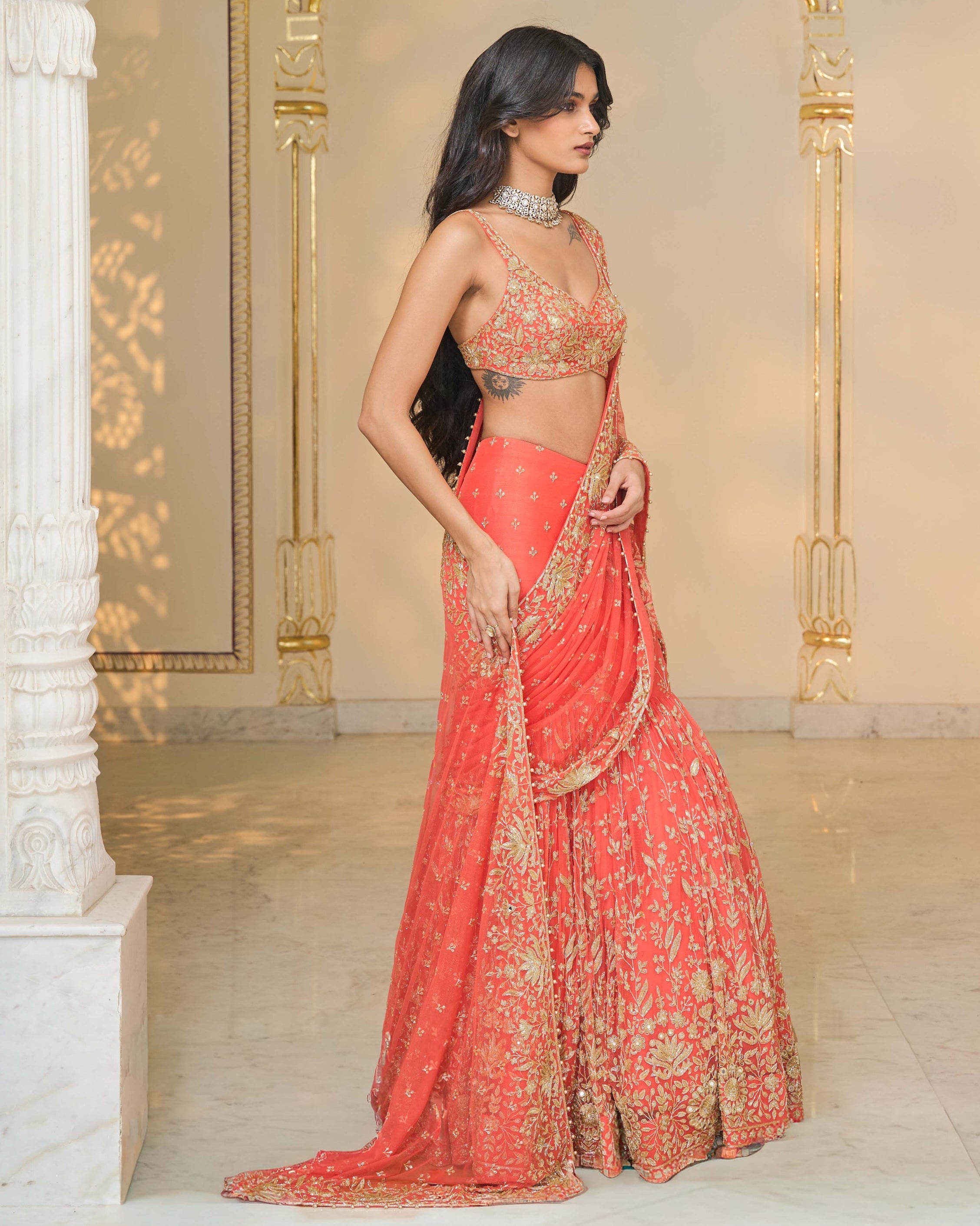 Warm Coral Hip Hug Sari Set