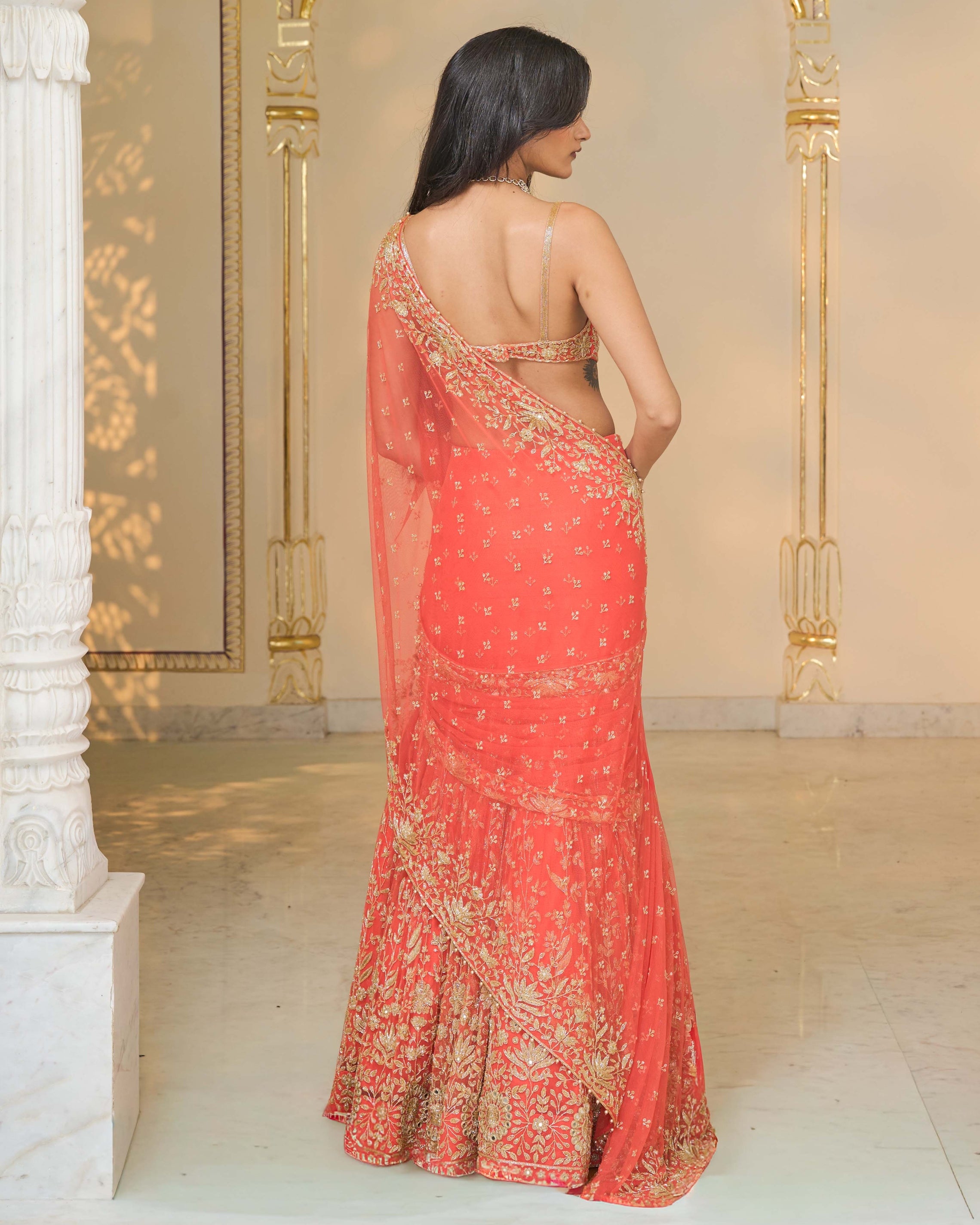 Warm Coral Hip Hug Sari Set