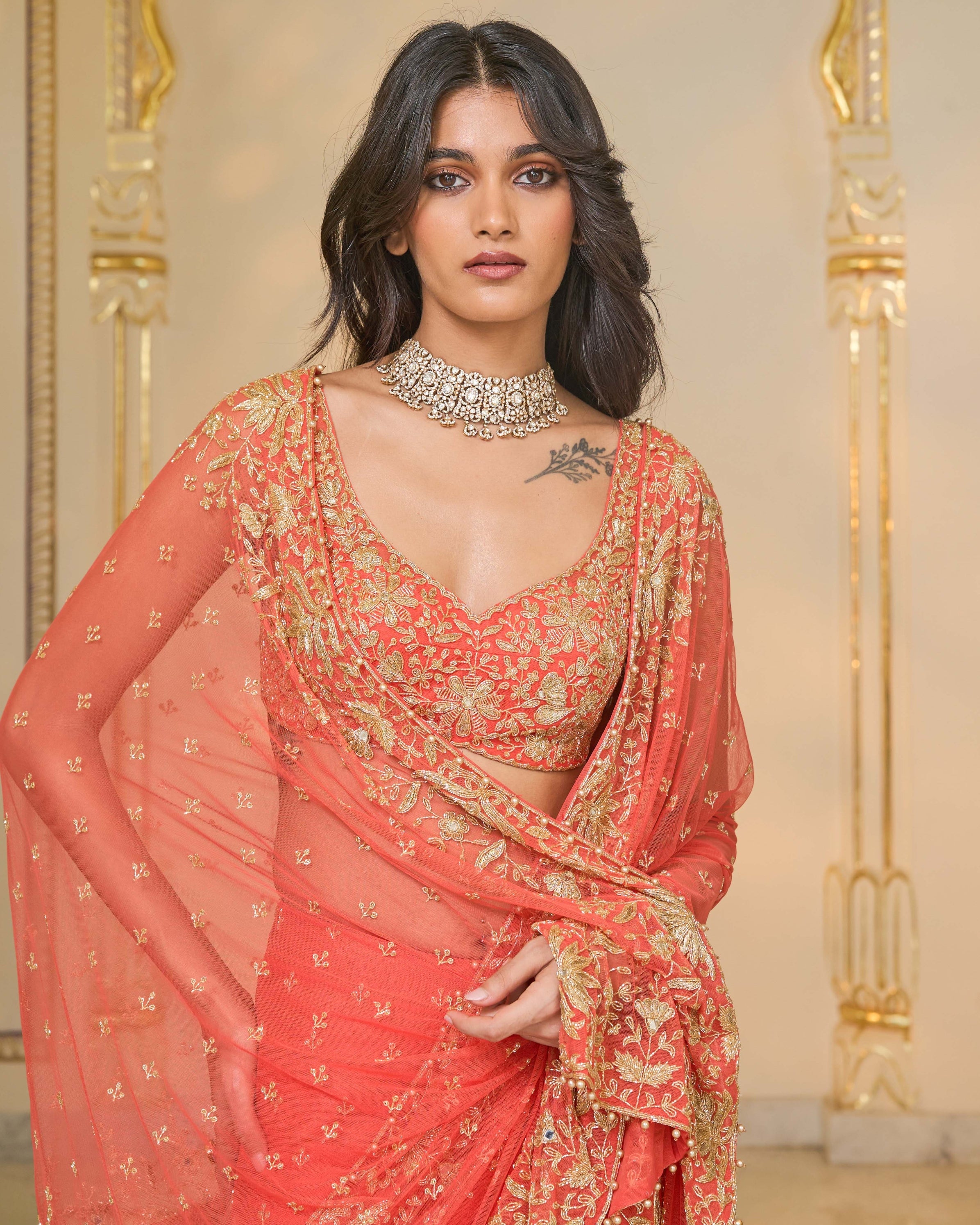 Warm Coral Hip Hug Sari Set