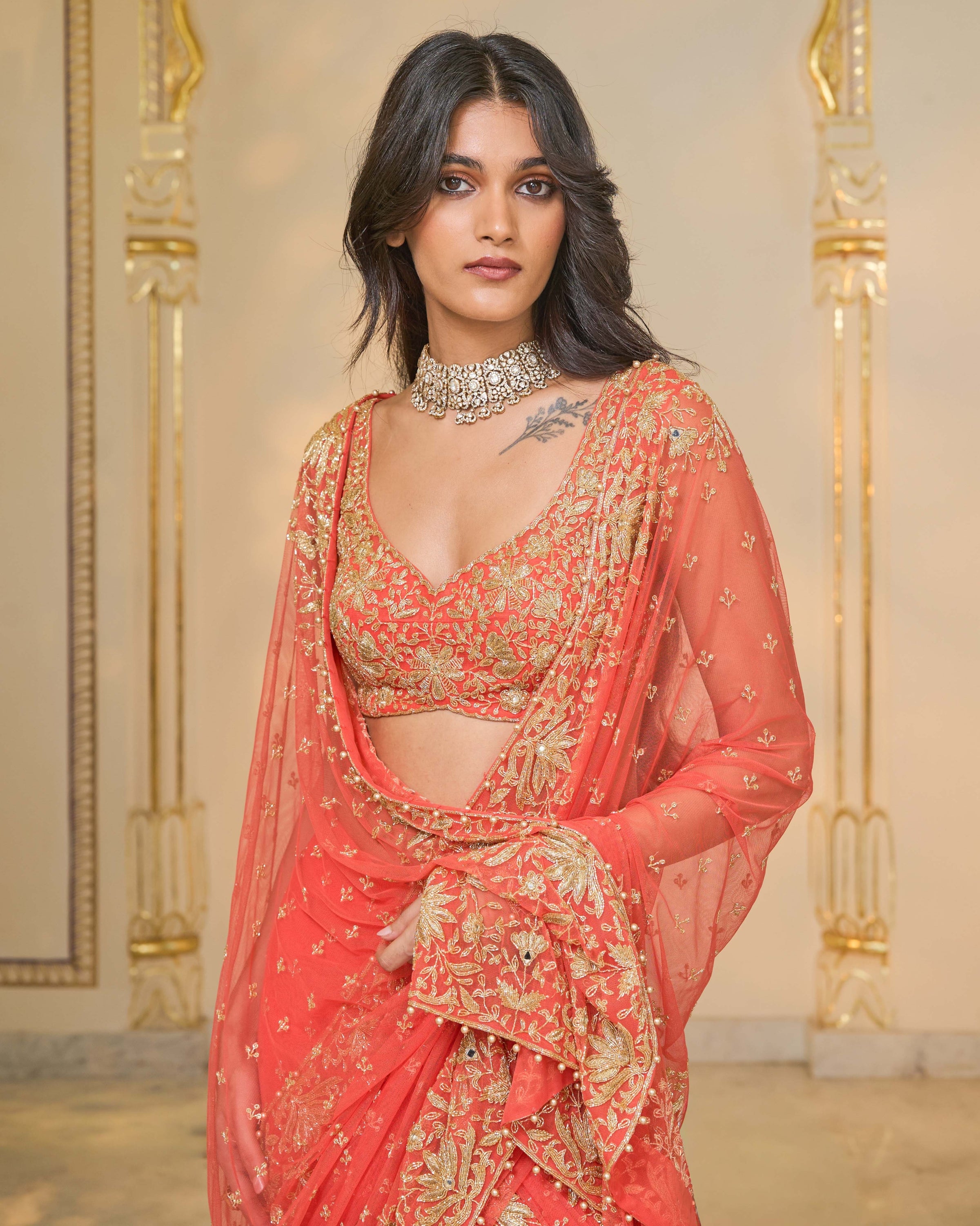 Warm Coral Hip Hug Sari Set
