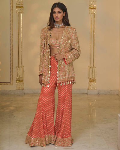 Warm Coral Linear Jacket 
Blouse With Sharara Set