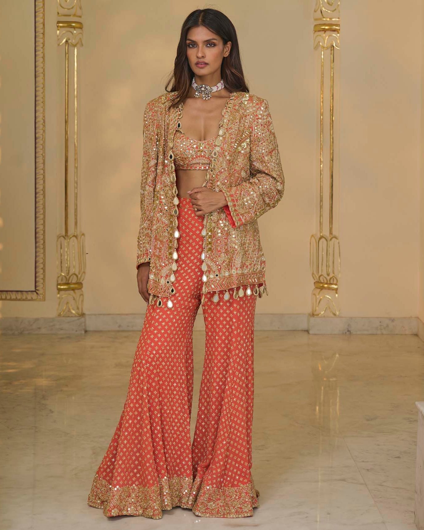 Warm Coral Linear Jacket 
Blouse With Sharara Set