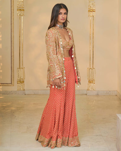 Warm Coral Linear Jacket 
Blouse With Sharara Set