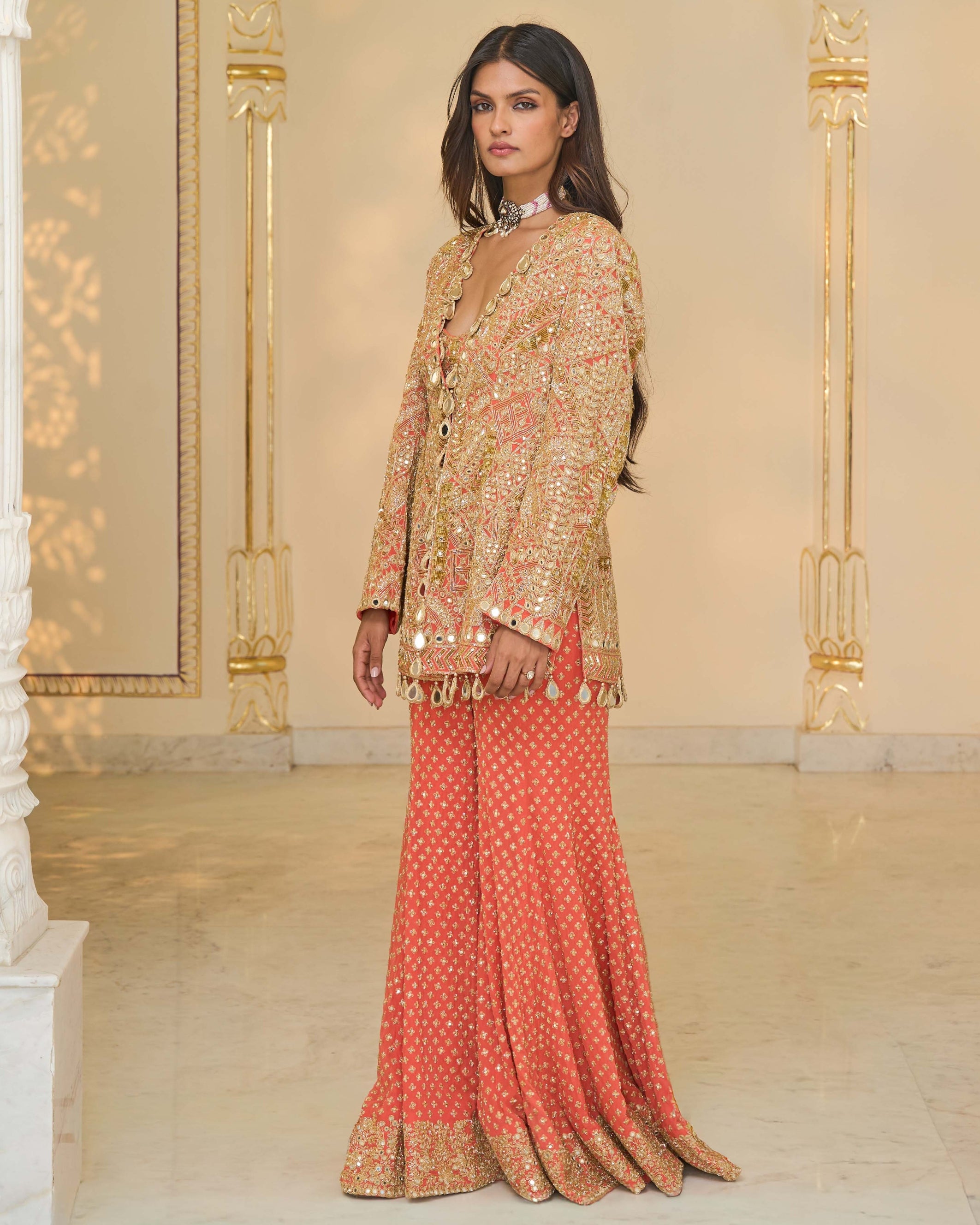 Warm Coral Linear Jacket 
Blouse With Sharara Set