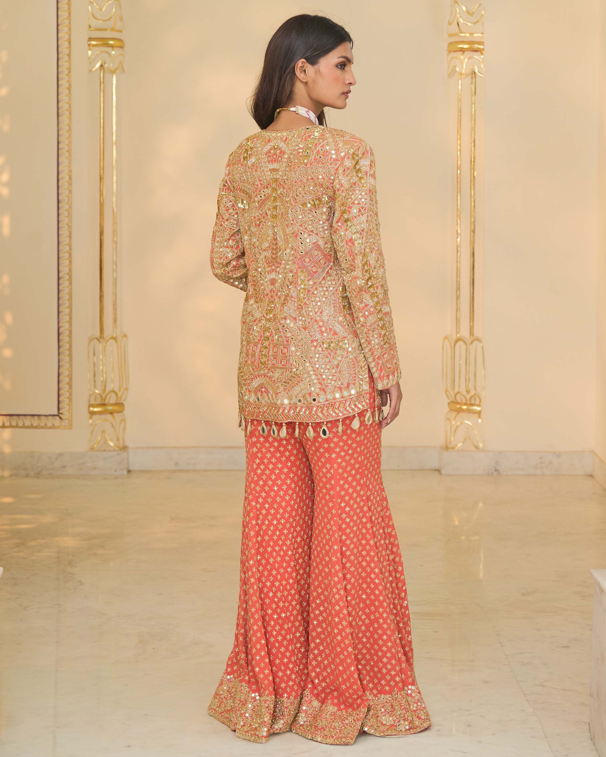 Warm Coral Linear Jacket 
Blouse With Sharara Set