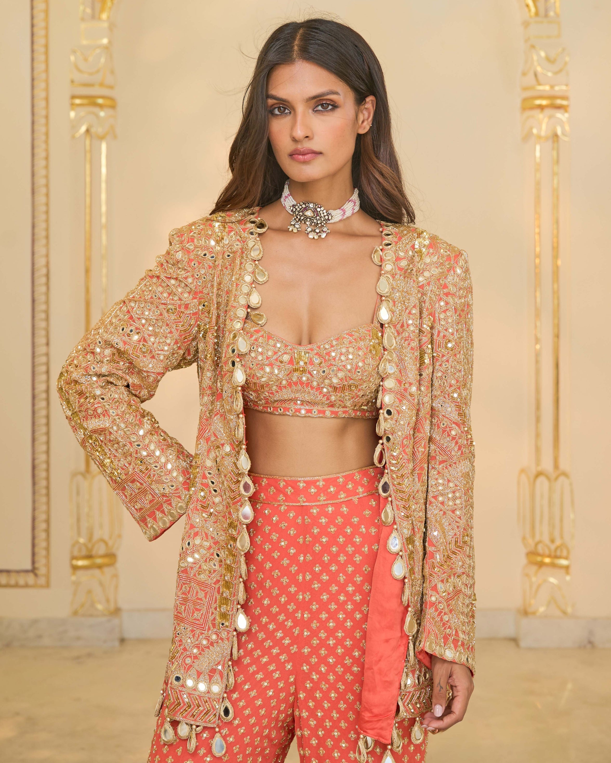Warm Coral Linear Jacket 
Blouse With Sharara Set