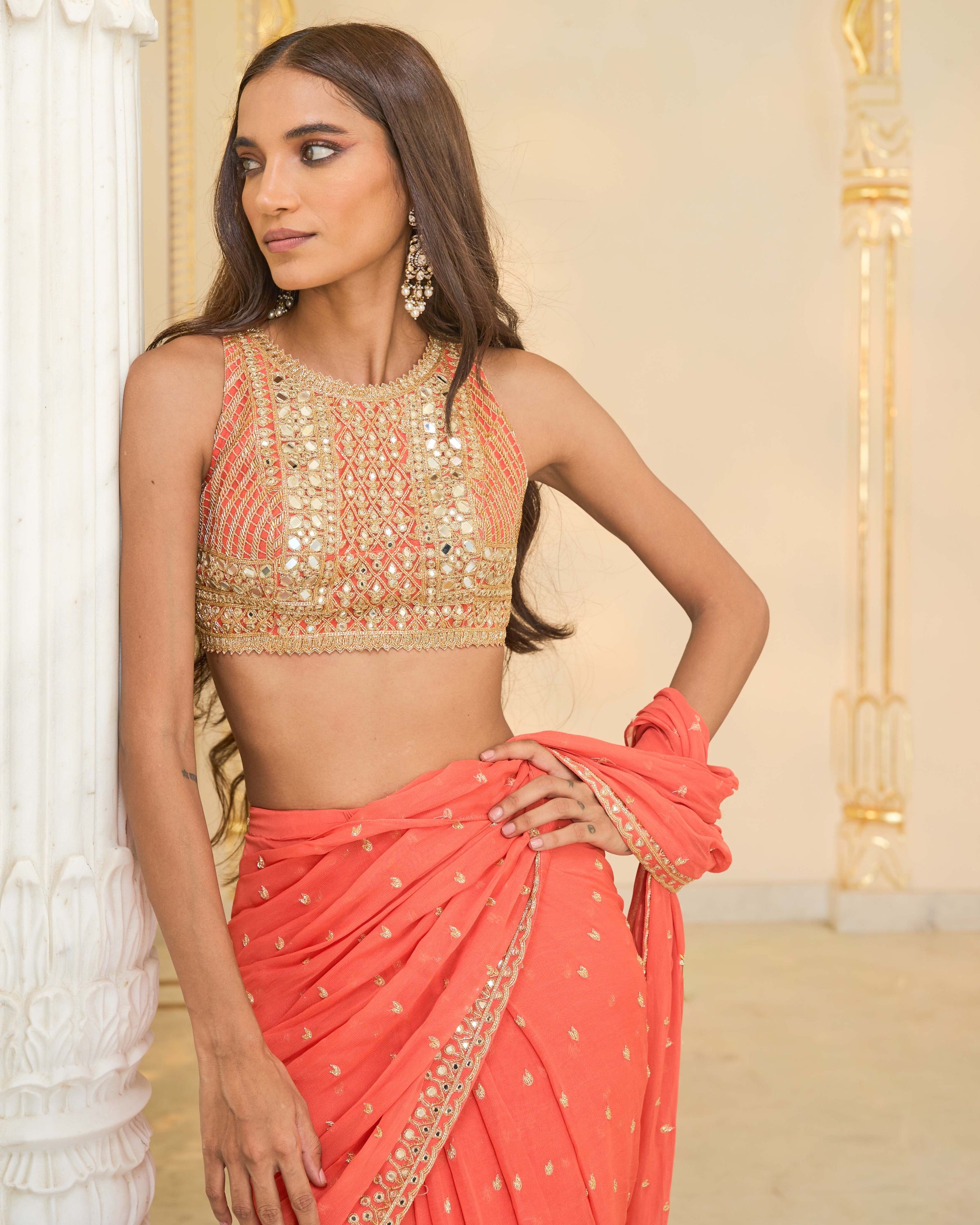 Warm Coral Ruffle Sari Set
