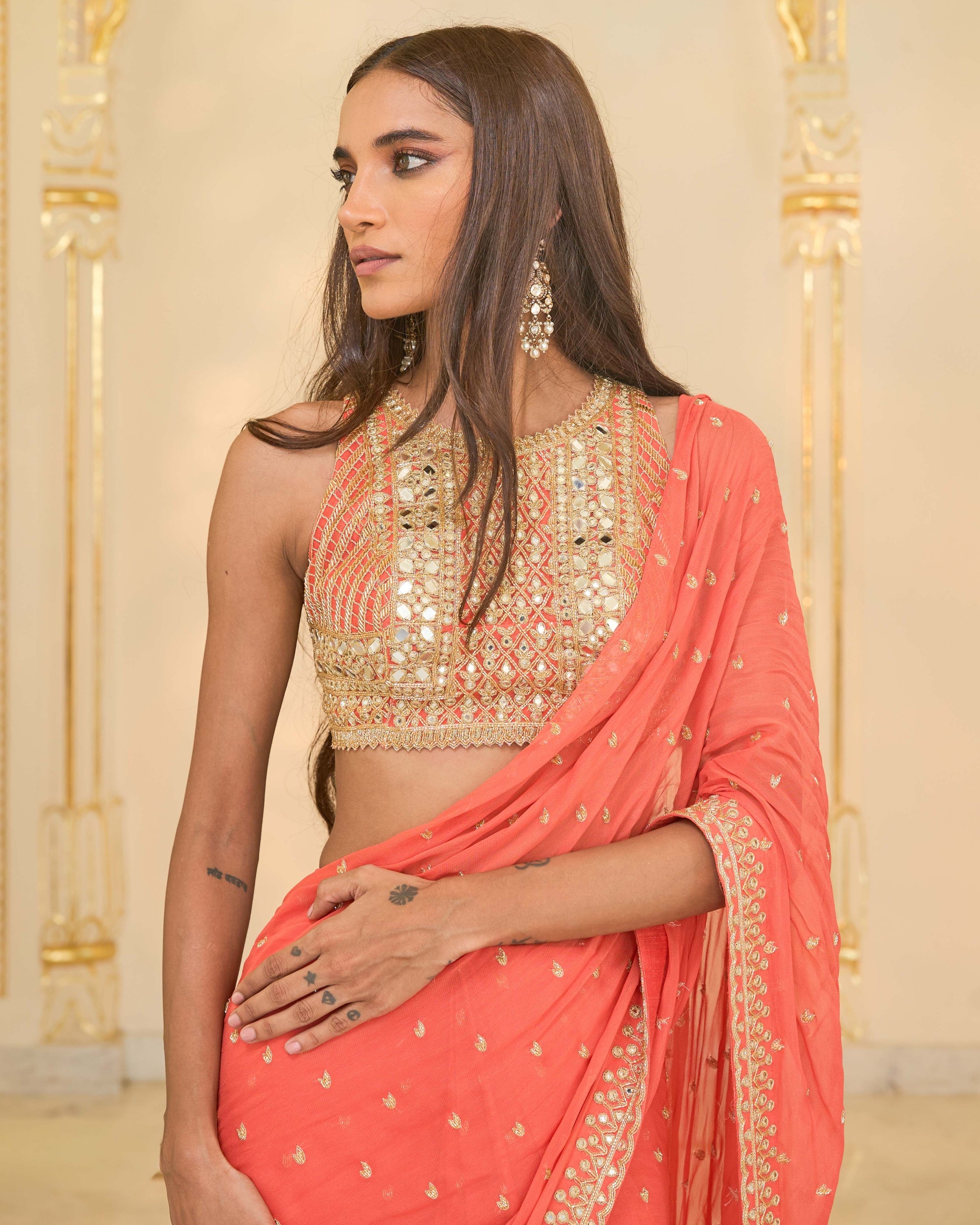 Warm Coral Ruffle Sari Set