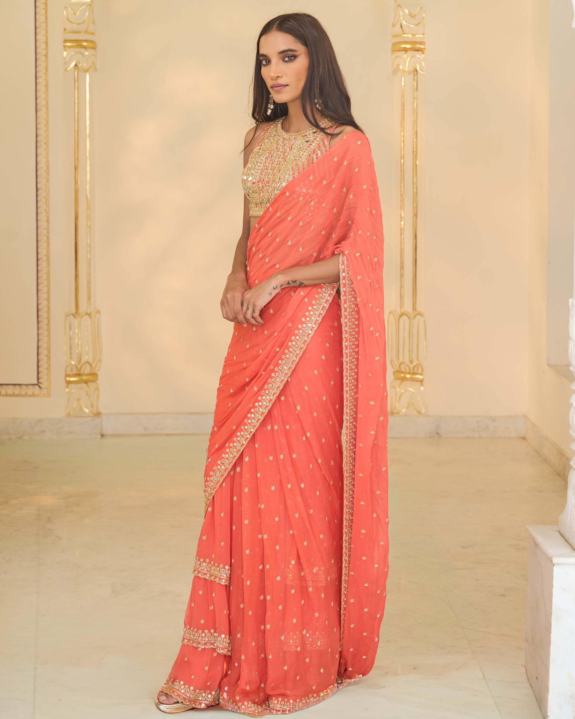 Warm Coral Ruffle Sari Set