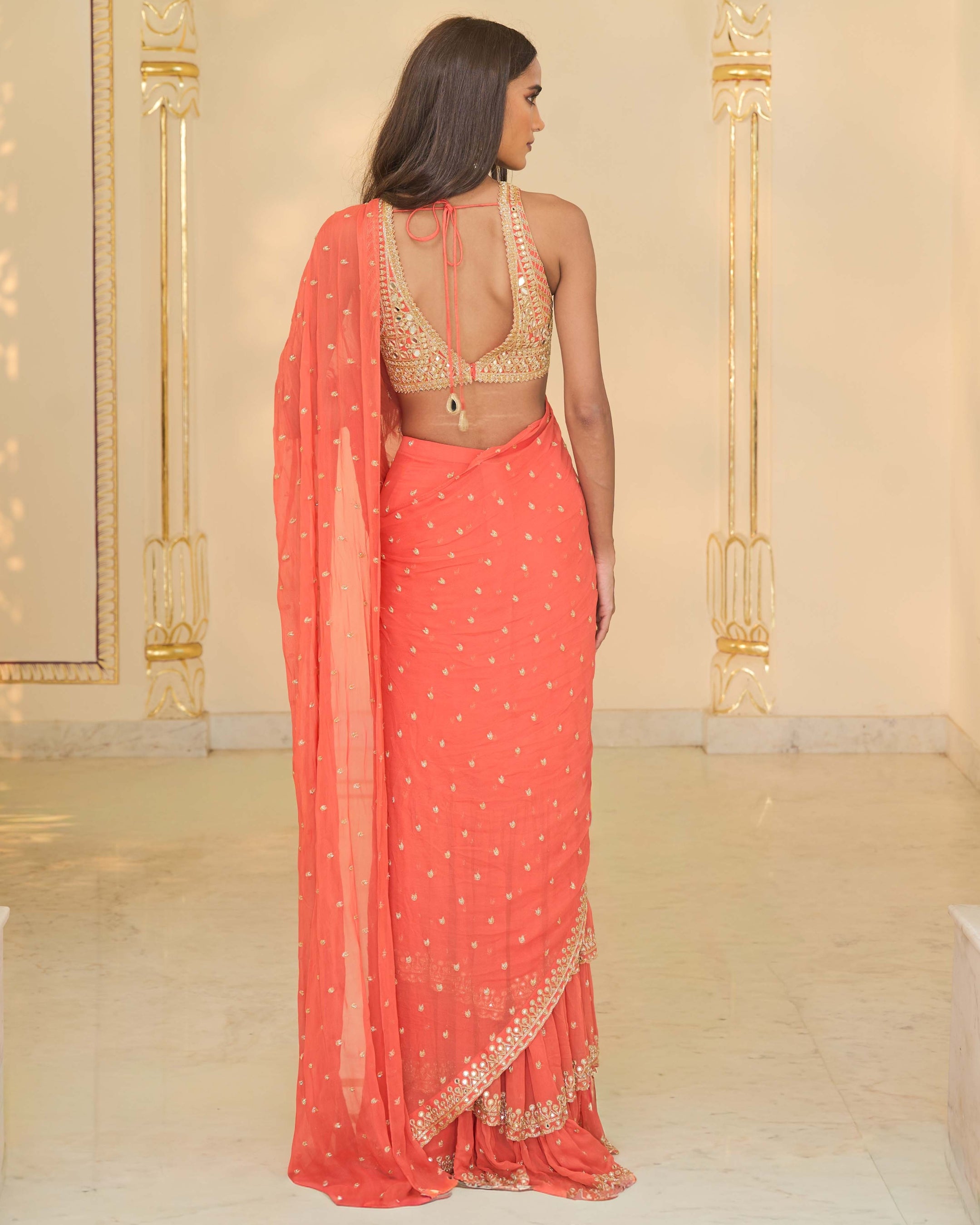 Warm Coral Ruffle Sari Set