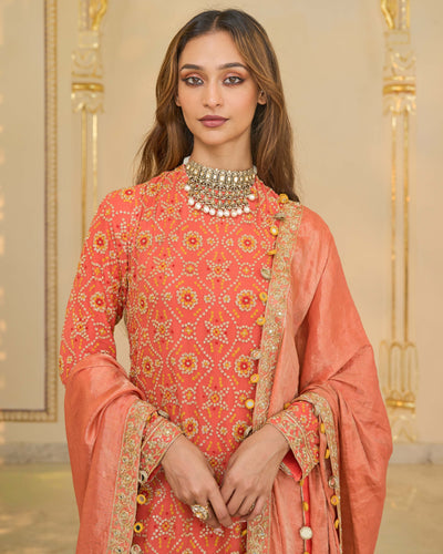 Warm Coral Long Star Kurta With Dupatta Set