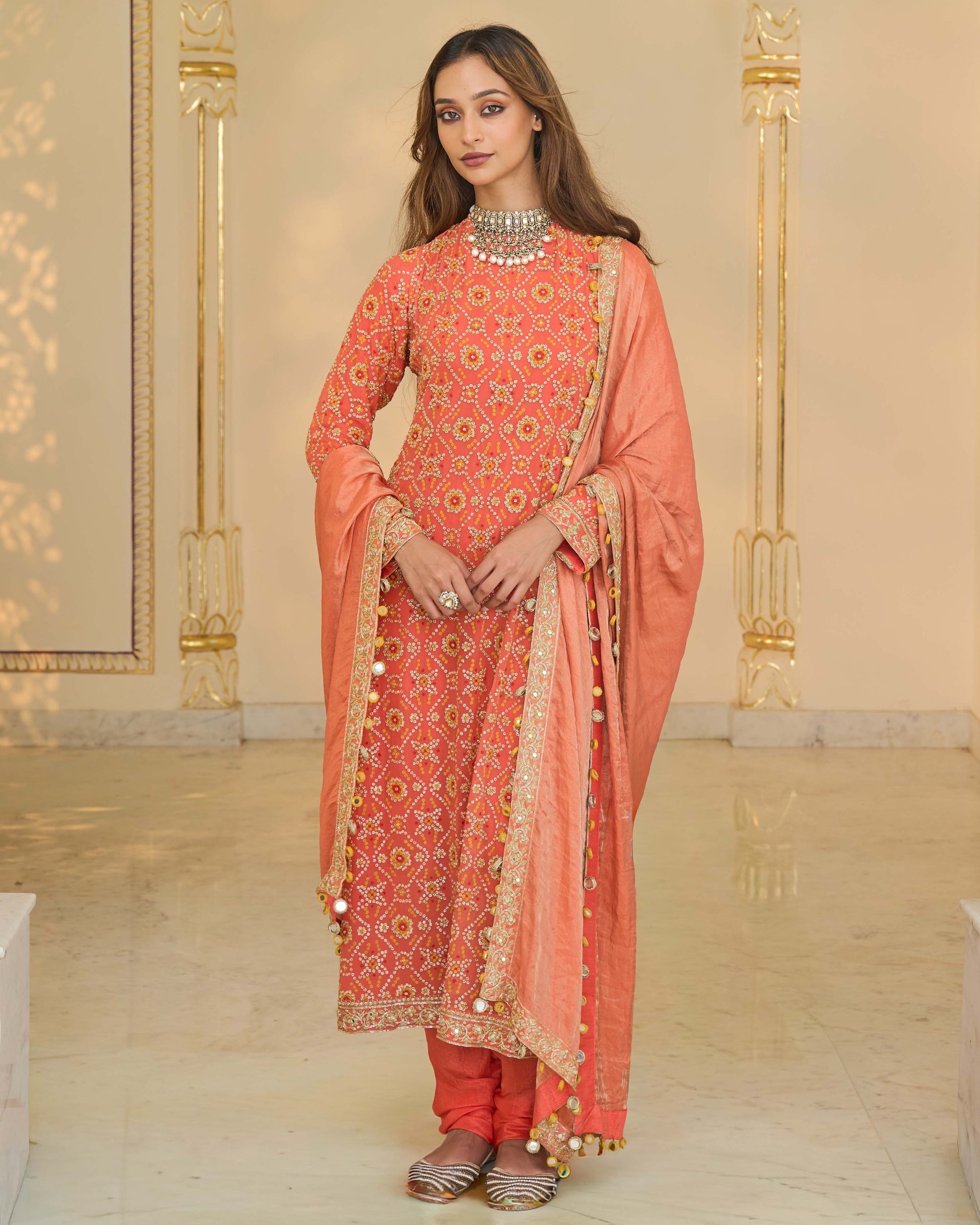 Warm Coral Long Star Kurta With Dupatta Set