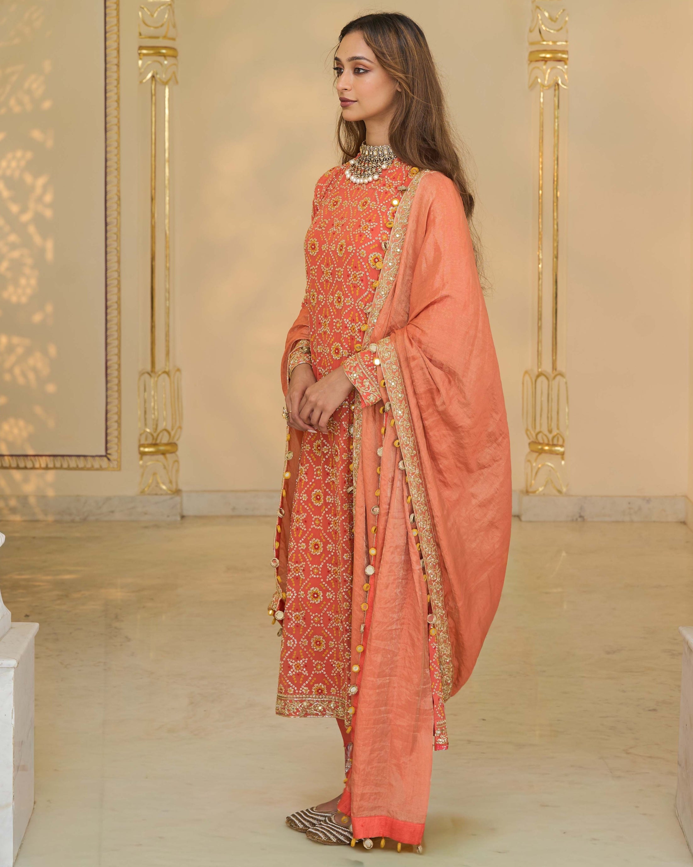 Warm Coral Long Star Kurta With Dupatta Set