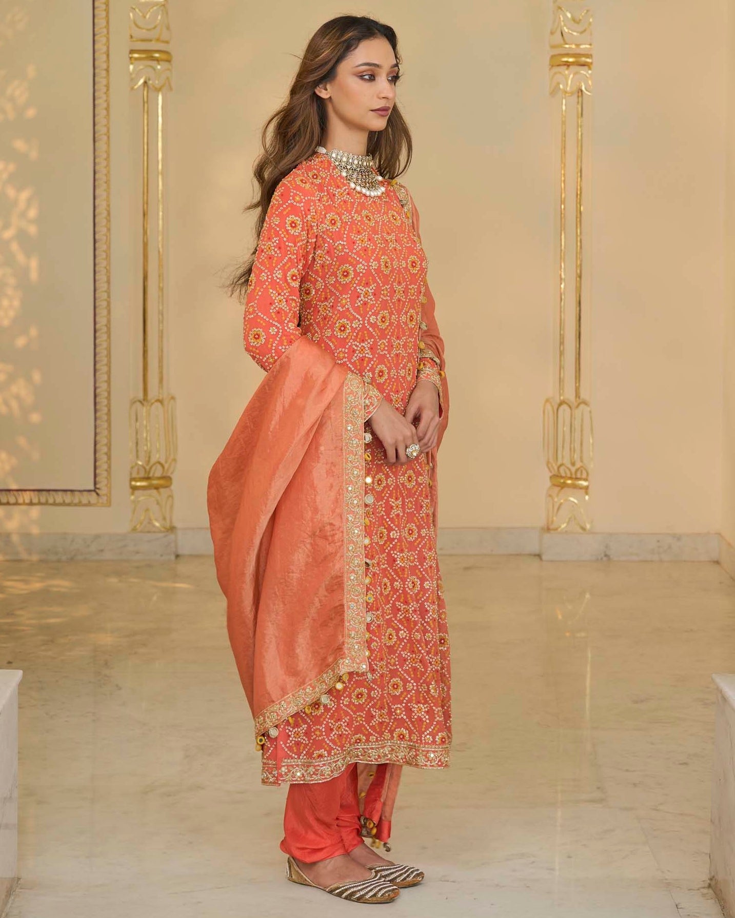 Warm Coral Long Star Kurta With Dupatta Set