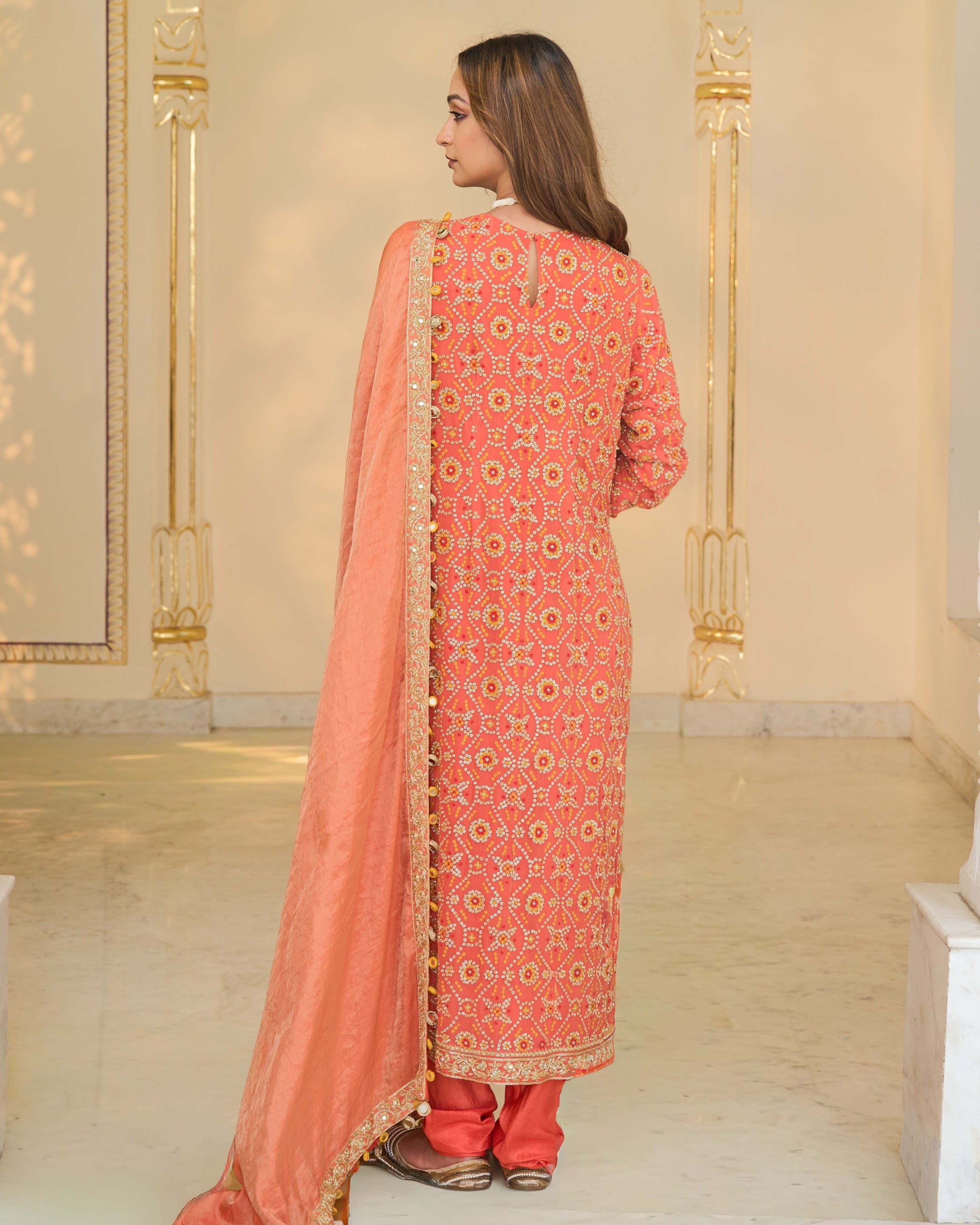 Warm Coral Long Star Kurta With Dupatta Set