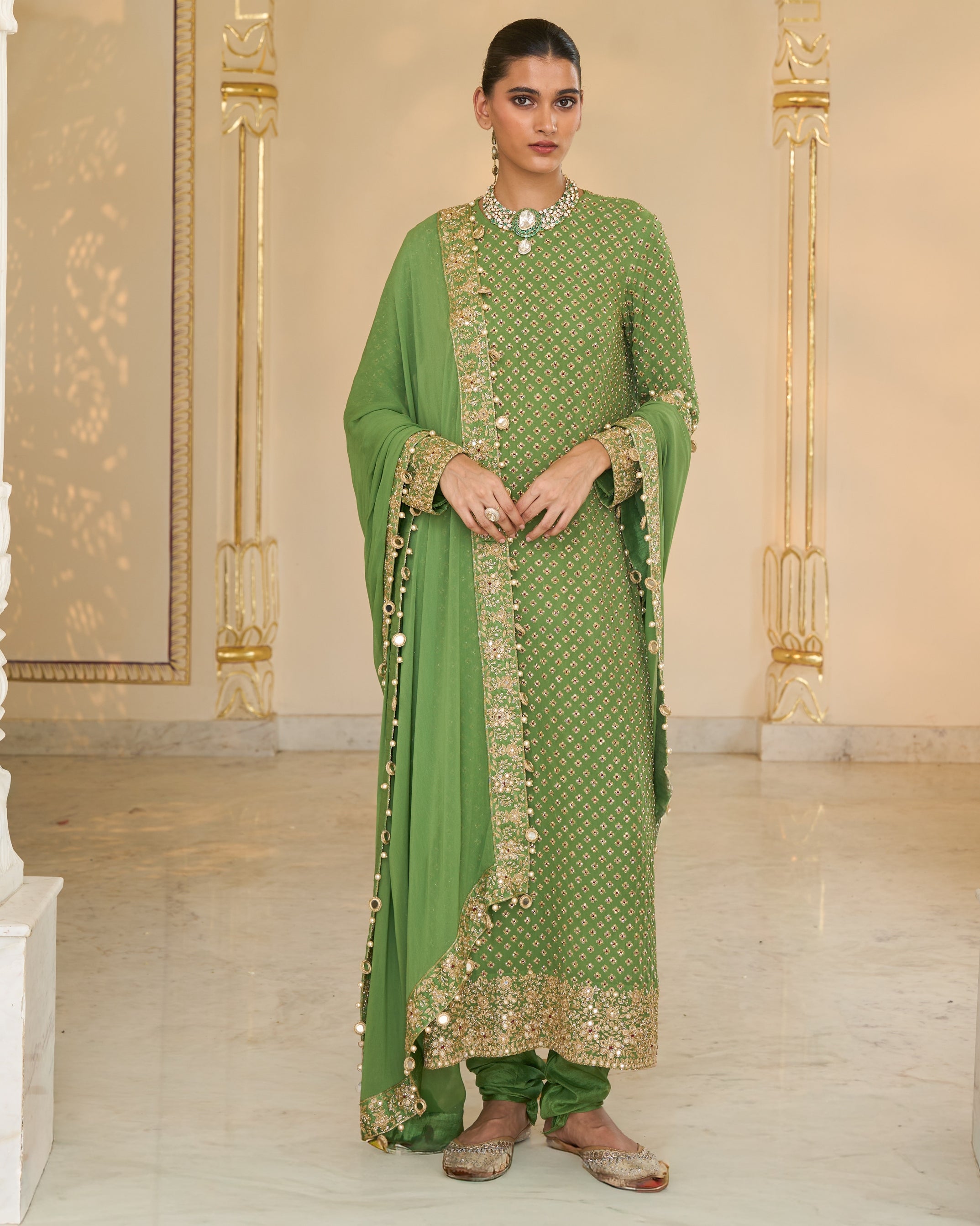 Warm Olive Long Star Kurta With Dupatta Set