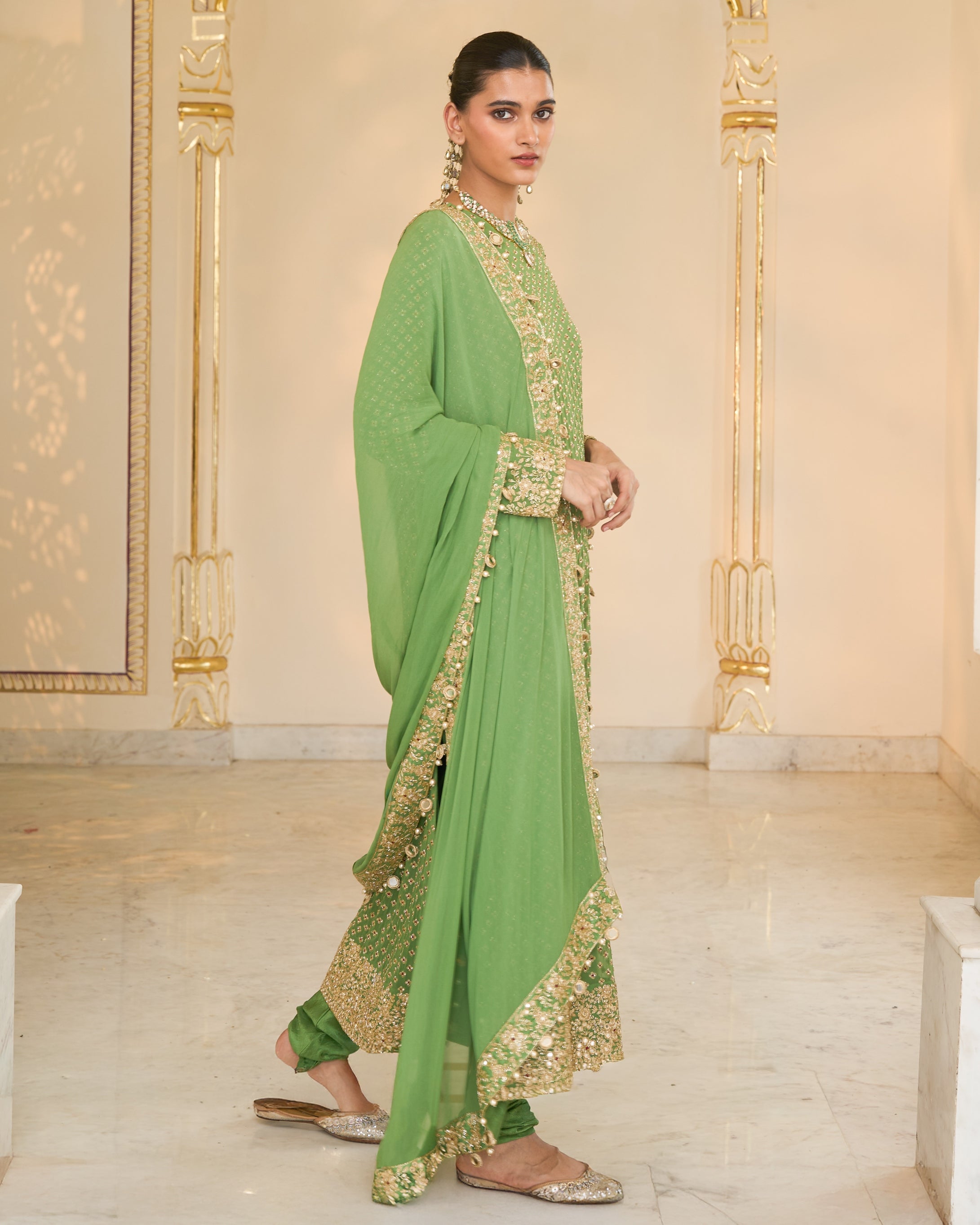 Warm Olive Long Star Kurta With Dupatta Set