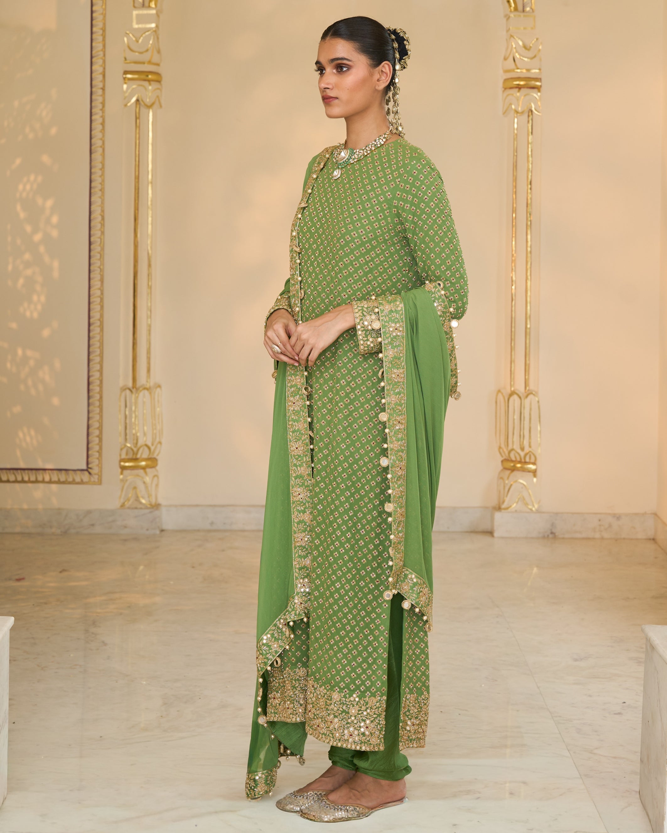 Warm Olive Long Star Kurta With Dupatta Set