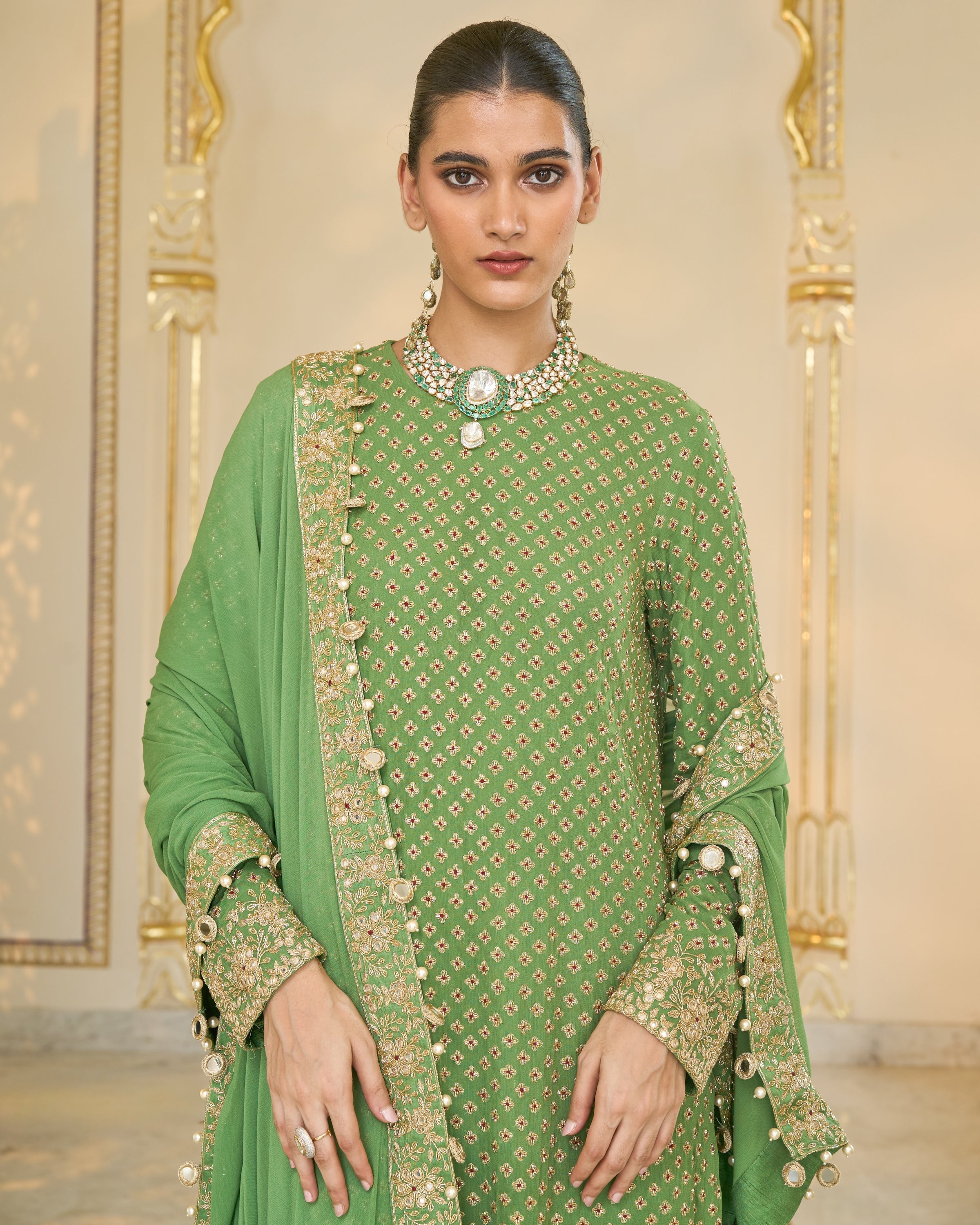 Warm Olive Long Star Kurta With Dupatta Set