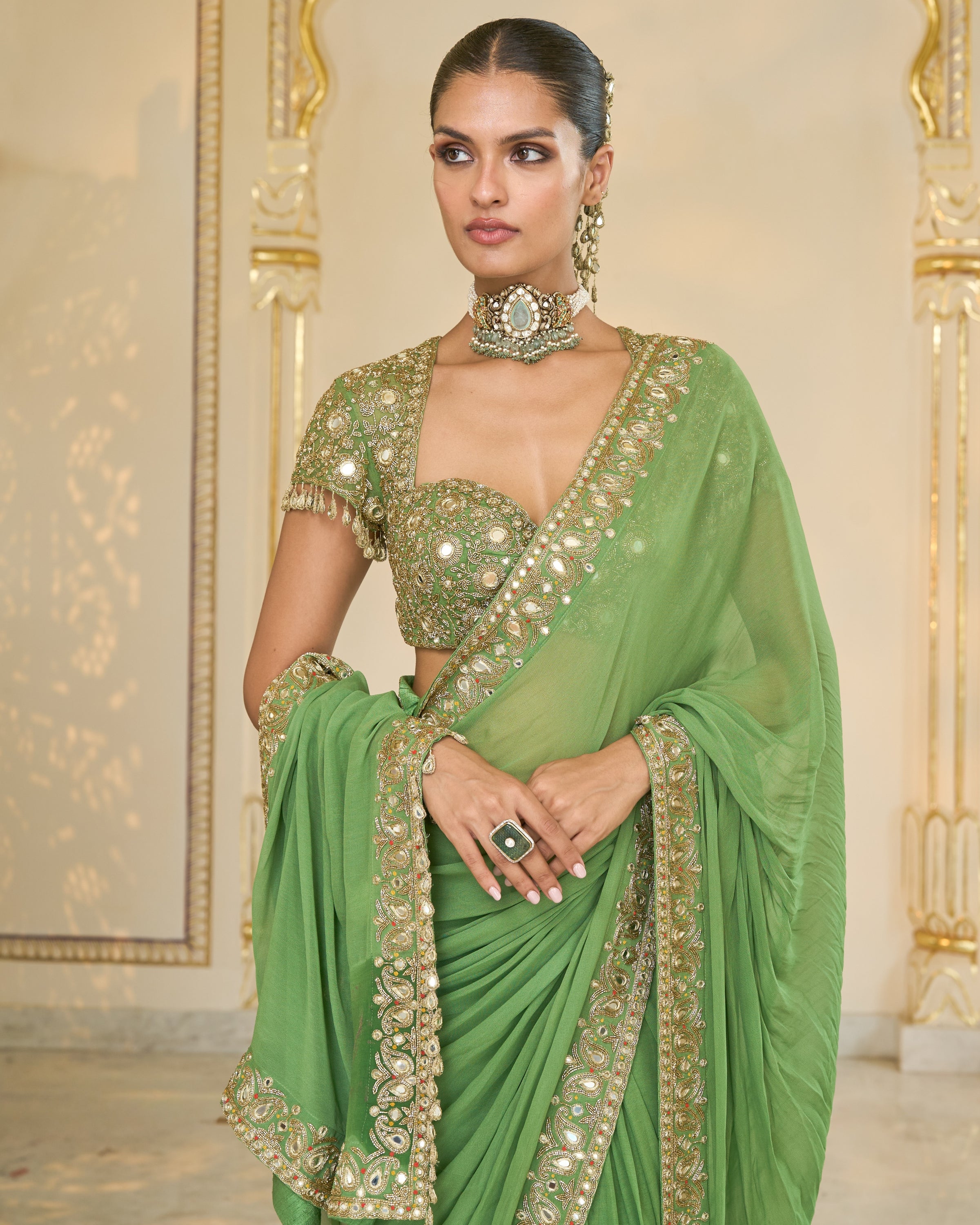 Warm Olive Classic Hand Embroidered Sari Set