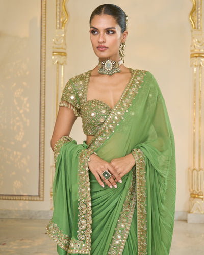 Warm Olive Classic Hand Embroidered Sari Set