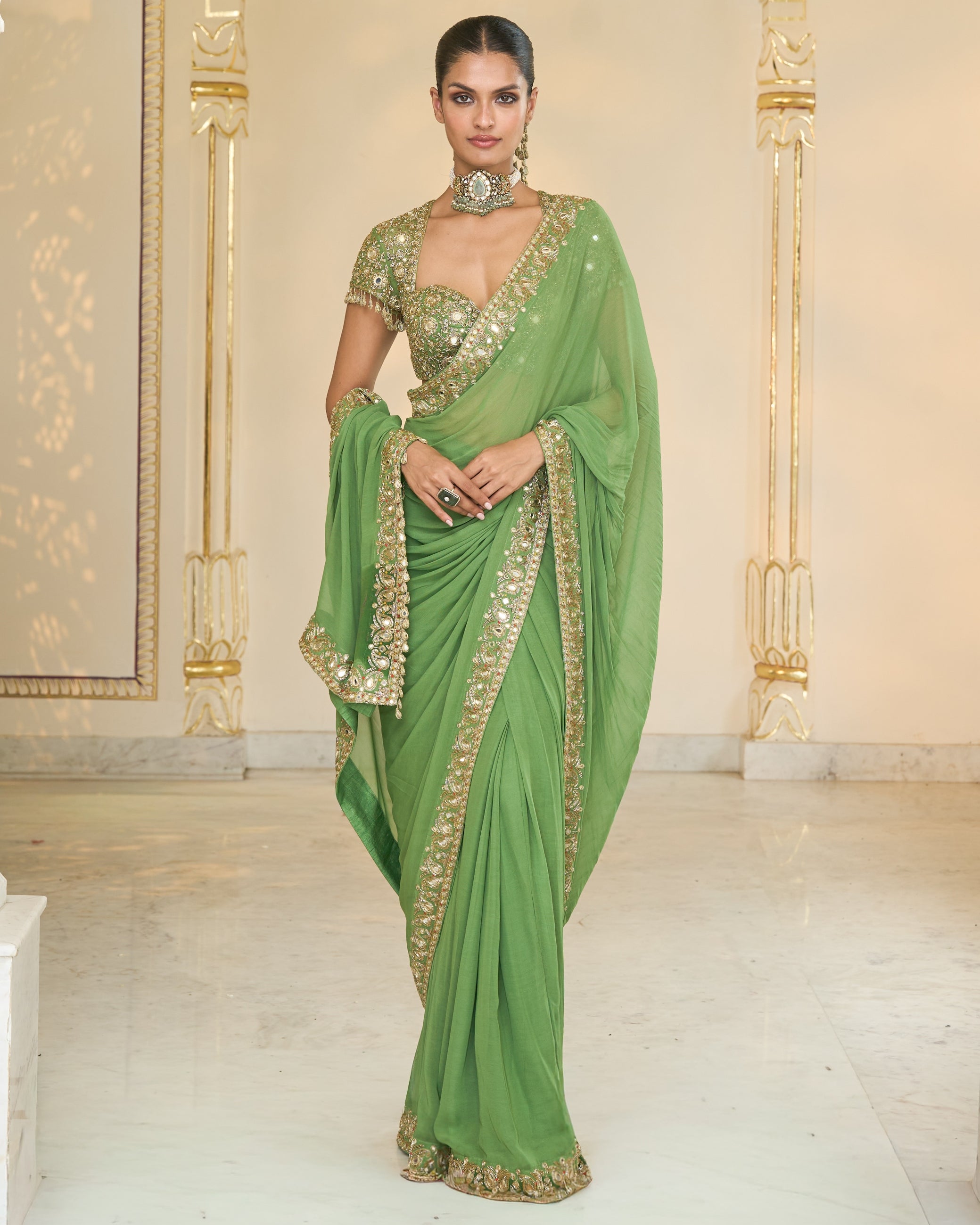 Warm Olive Classic Hand Embroidered Sari Set