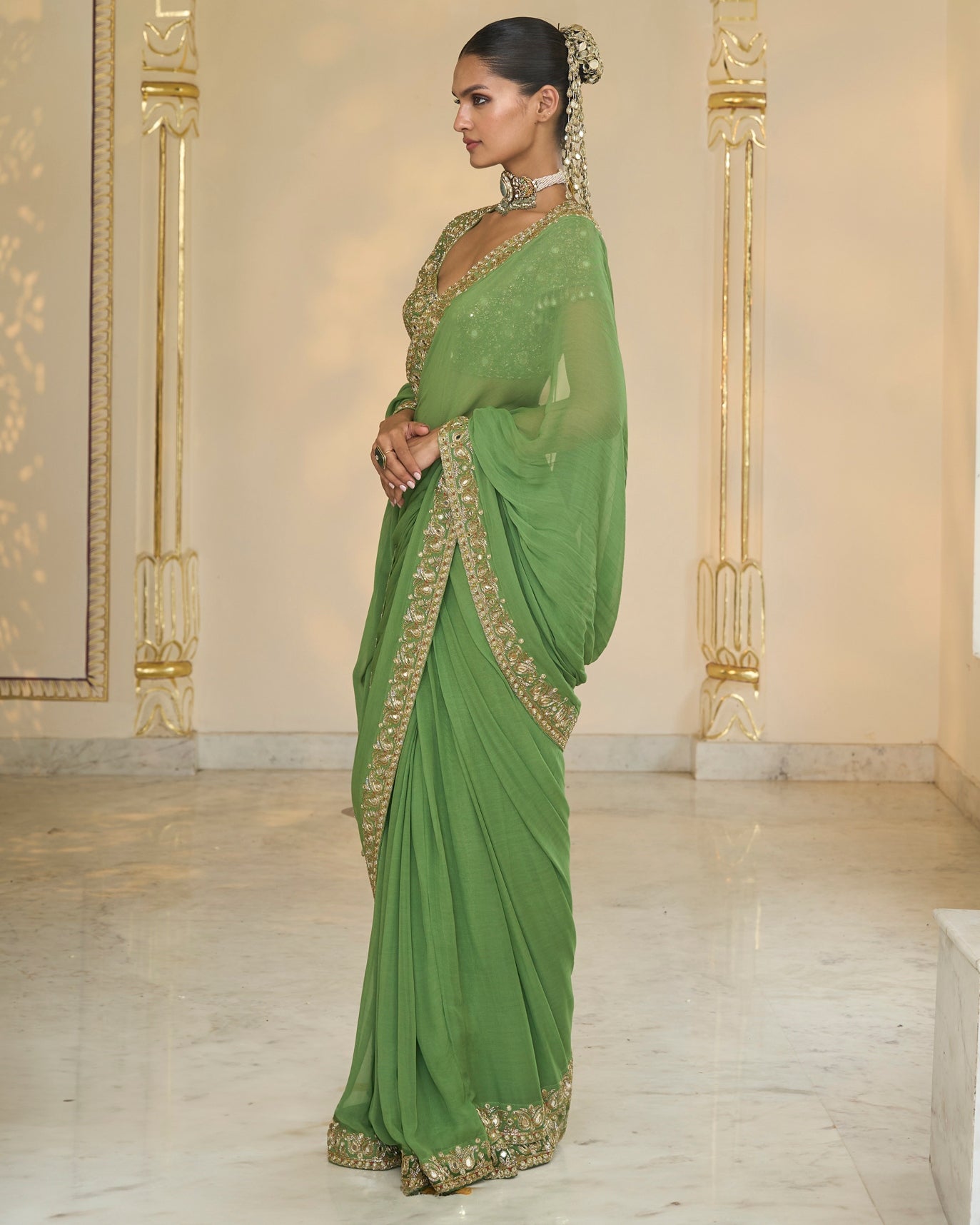 Warm Olive Classic Hand Embroidered Sari Set