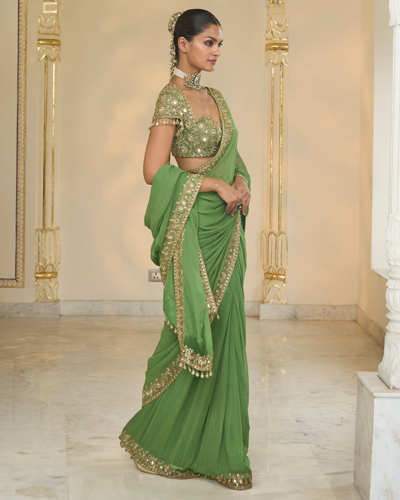 Warm Olive Classic Hand Embroidered Sari Set